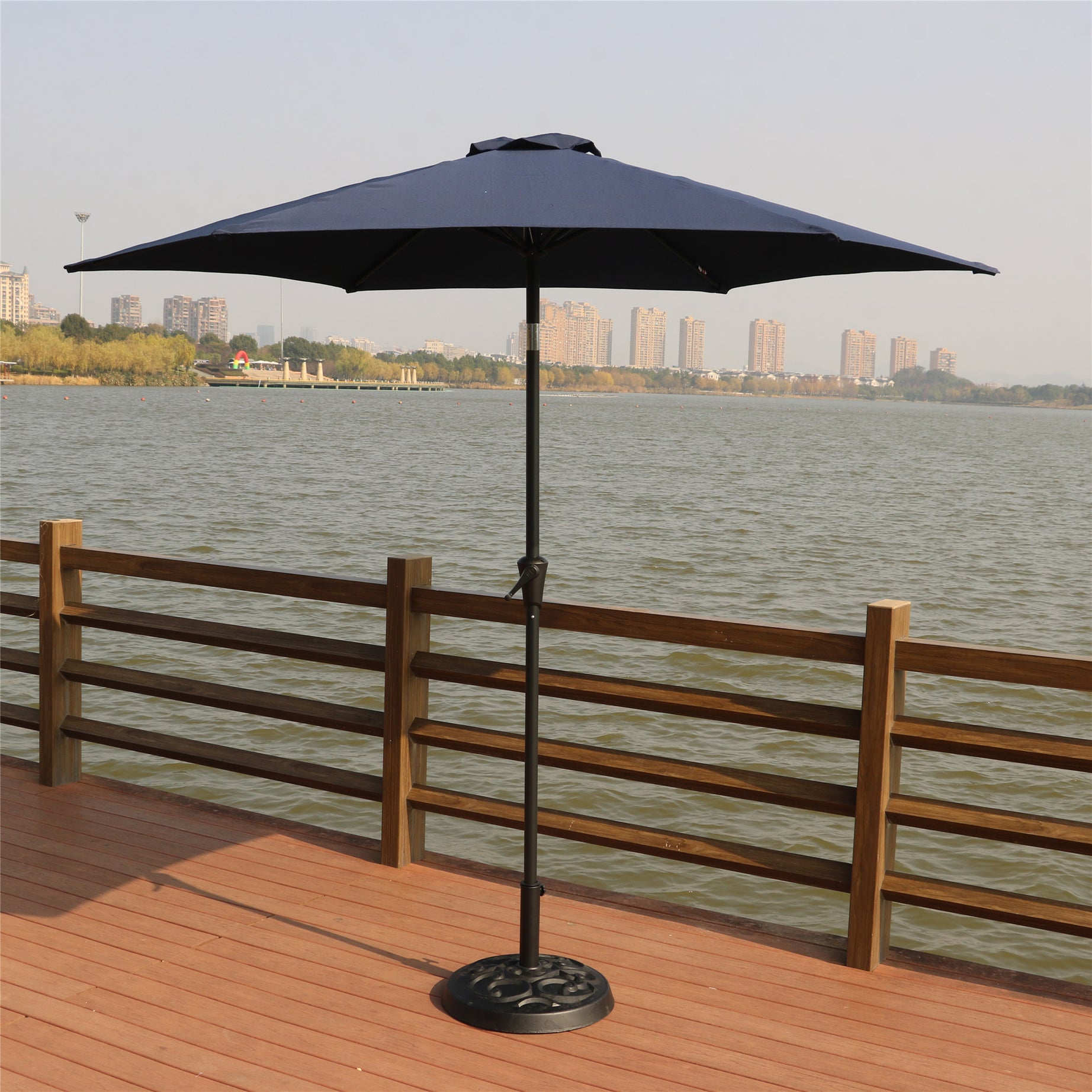 8.8 feet Outdoor Aluminum Patio Umbrella, Patio Umbrella, Market Umbrella with 33 pounds Round Resin Umbrella Base, Push Button Tilt and Crank lift, Navy Blue--1