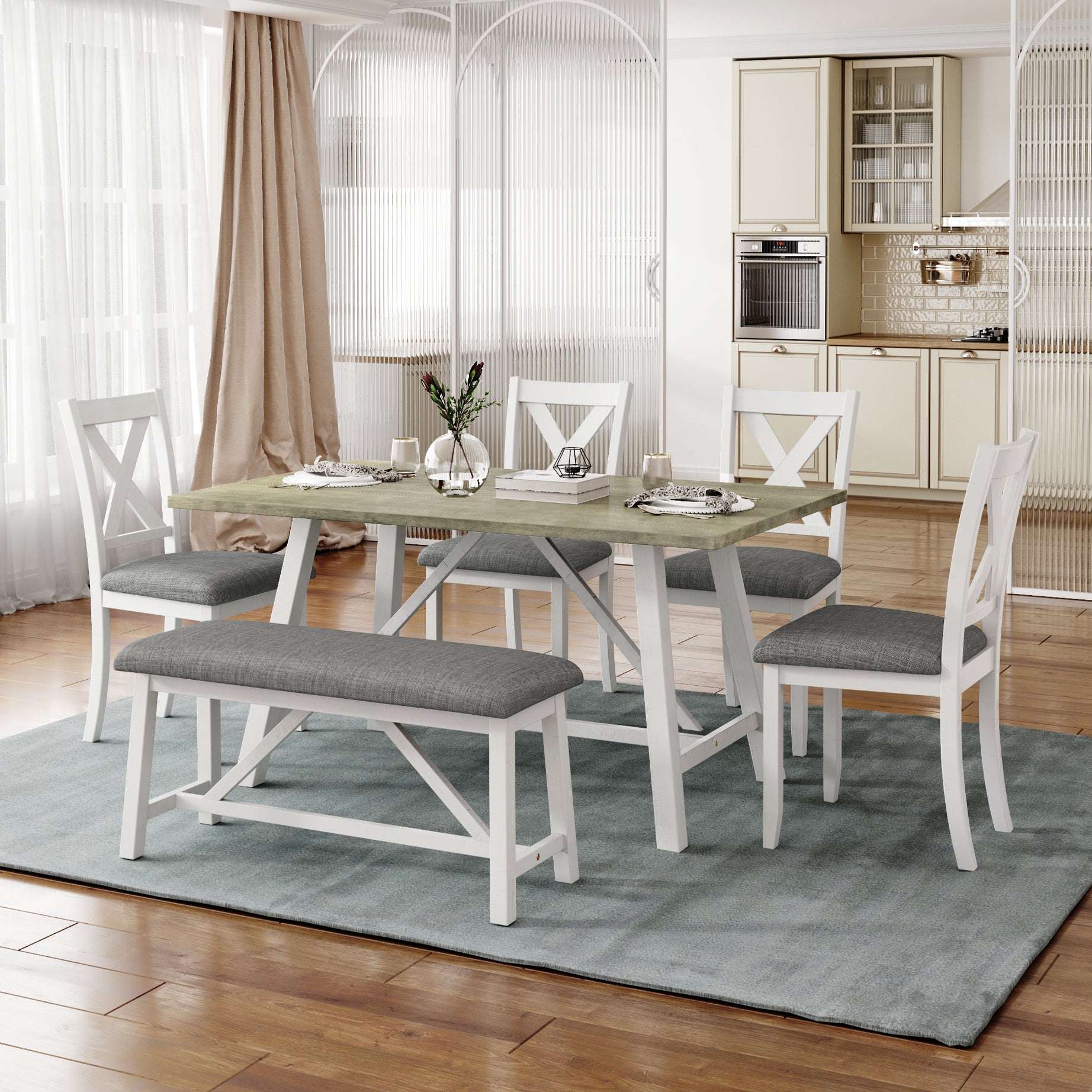 TOPMAX 6 Piece Dining Table Set Wood Dining Table and chair Kitchen Table Set with Table, Bench and 4 Chairs, Rustic Style,White+Gray--1