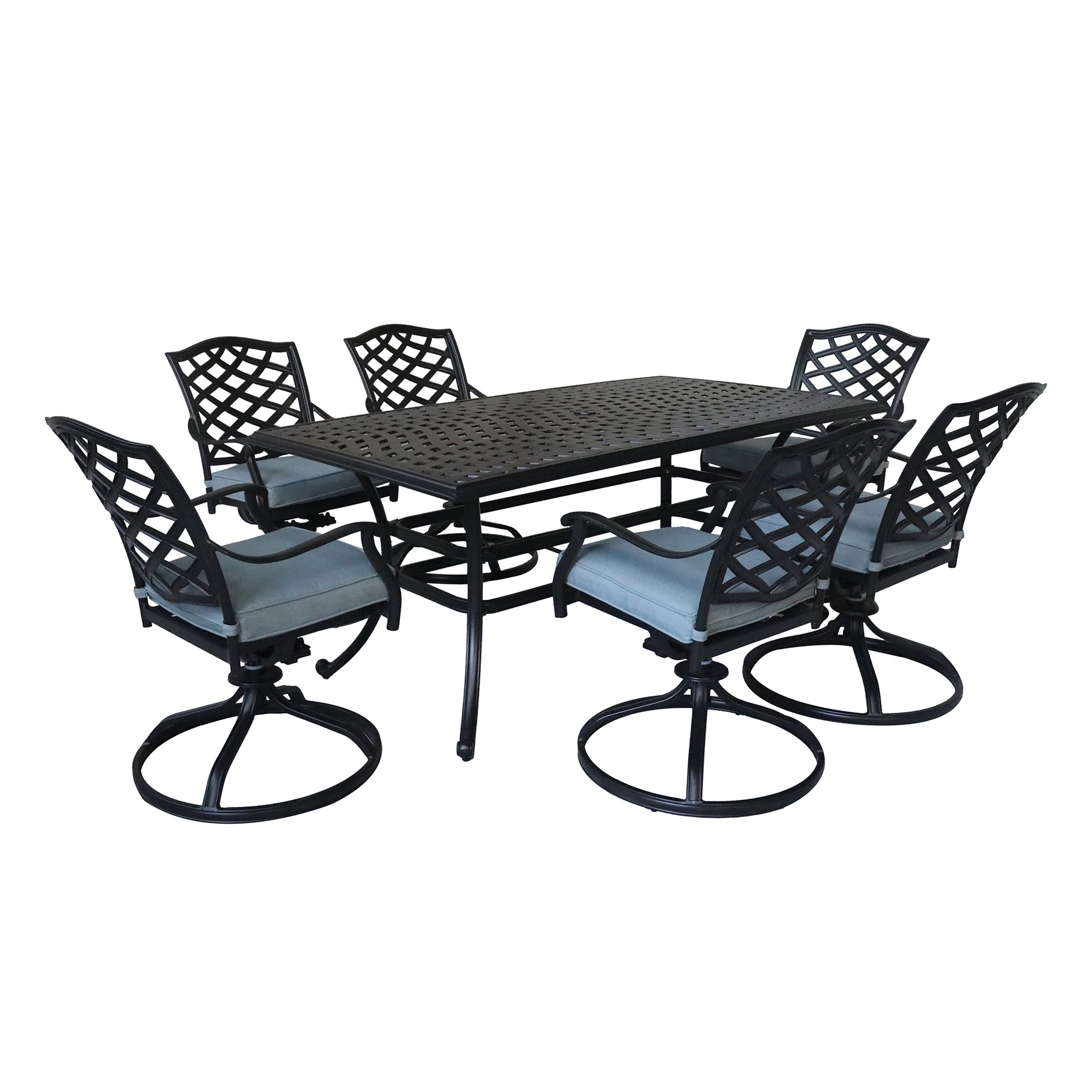 Aluminum 7-Piece Rectangular Dining Set With 6 Swivel Rockers, Light Blue--1