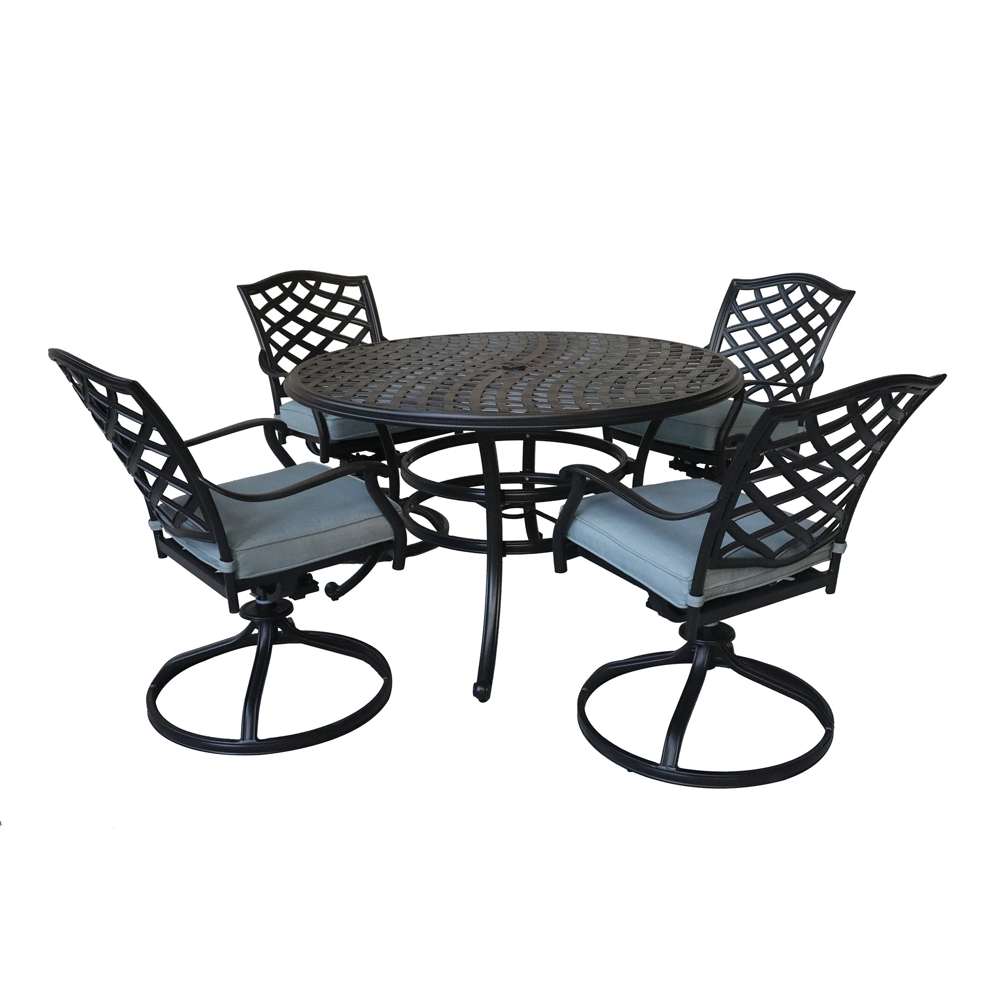 Aluminum 5-Piece Round Dining Set With 4 Swivel Rockers, Light Blue--1