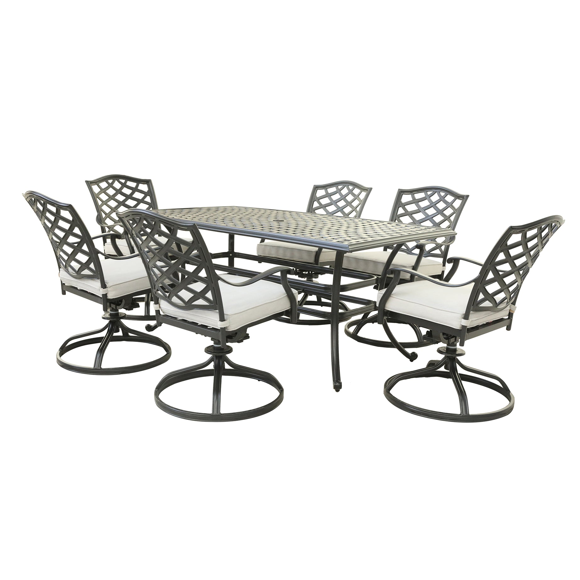 Aluminum 7-Piece Rectangular Dining Set With 6 Swivel Rockers, Cast Silver--1