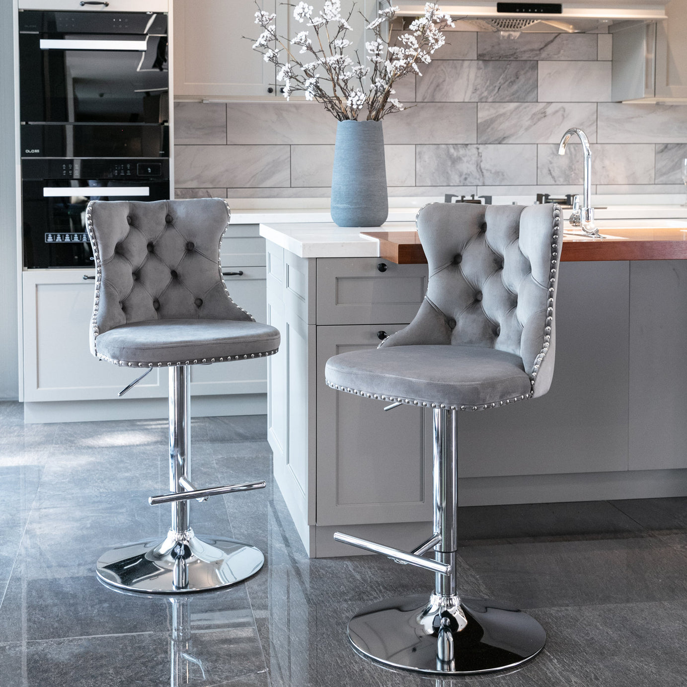 A&A Furniture,Swivel Velvet Barstools Adjusatble Seat Height from 25-33 Inch, Modern Upholstered Chrome base Bar Stools with Backs Comfortable Tufted for Home Pub and Kitchen Island（Gray,Set of 2）--1