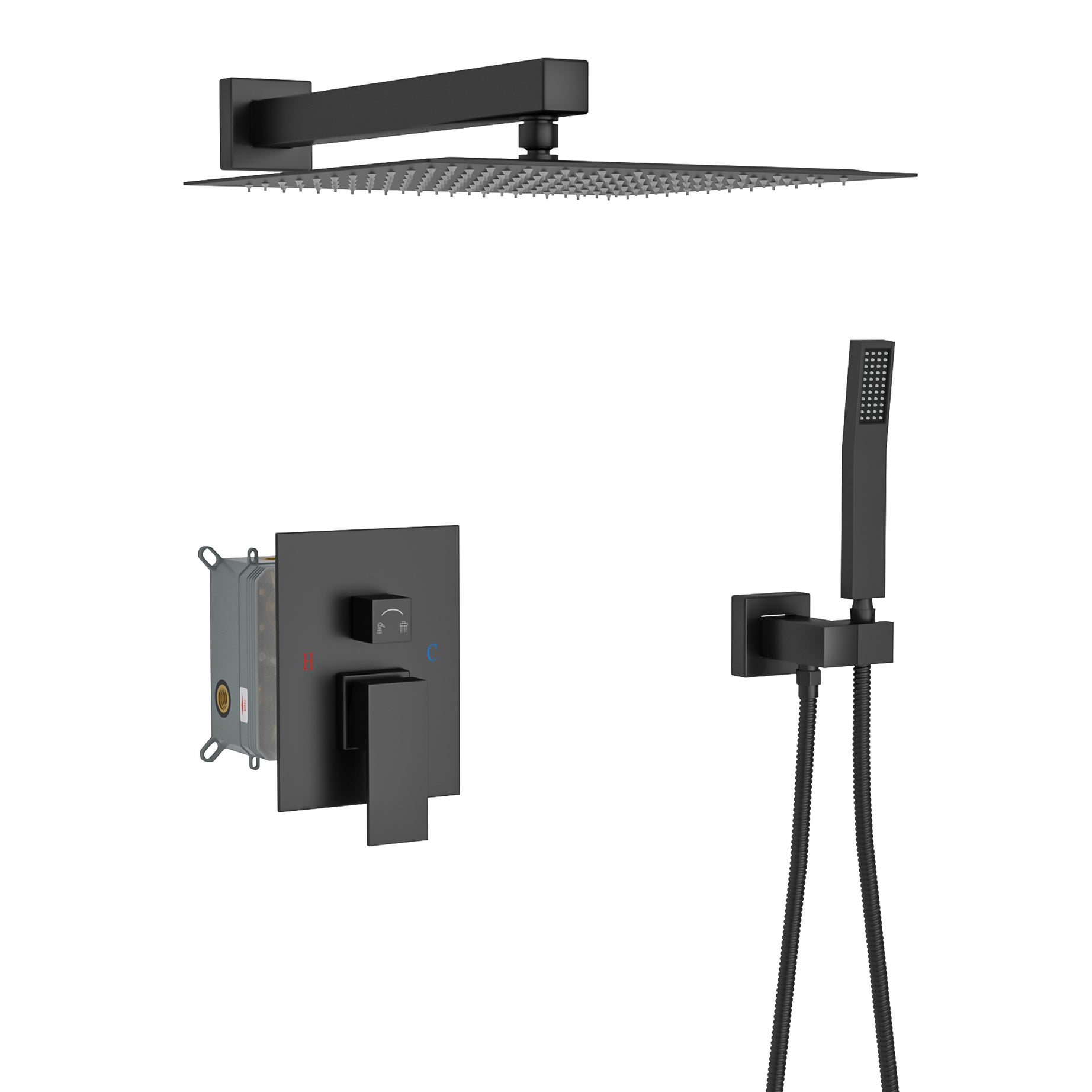 Dual Shower Head - 12 Inch Wall Mounted Square Shower System with Rough-in Valve,Matte black--1