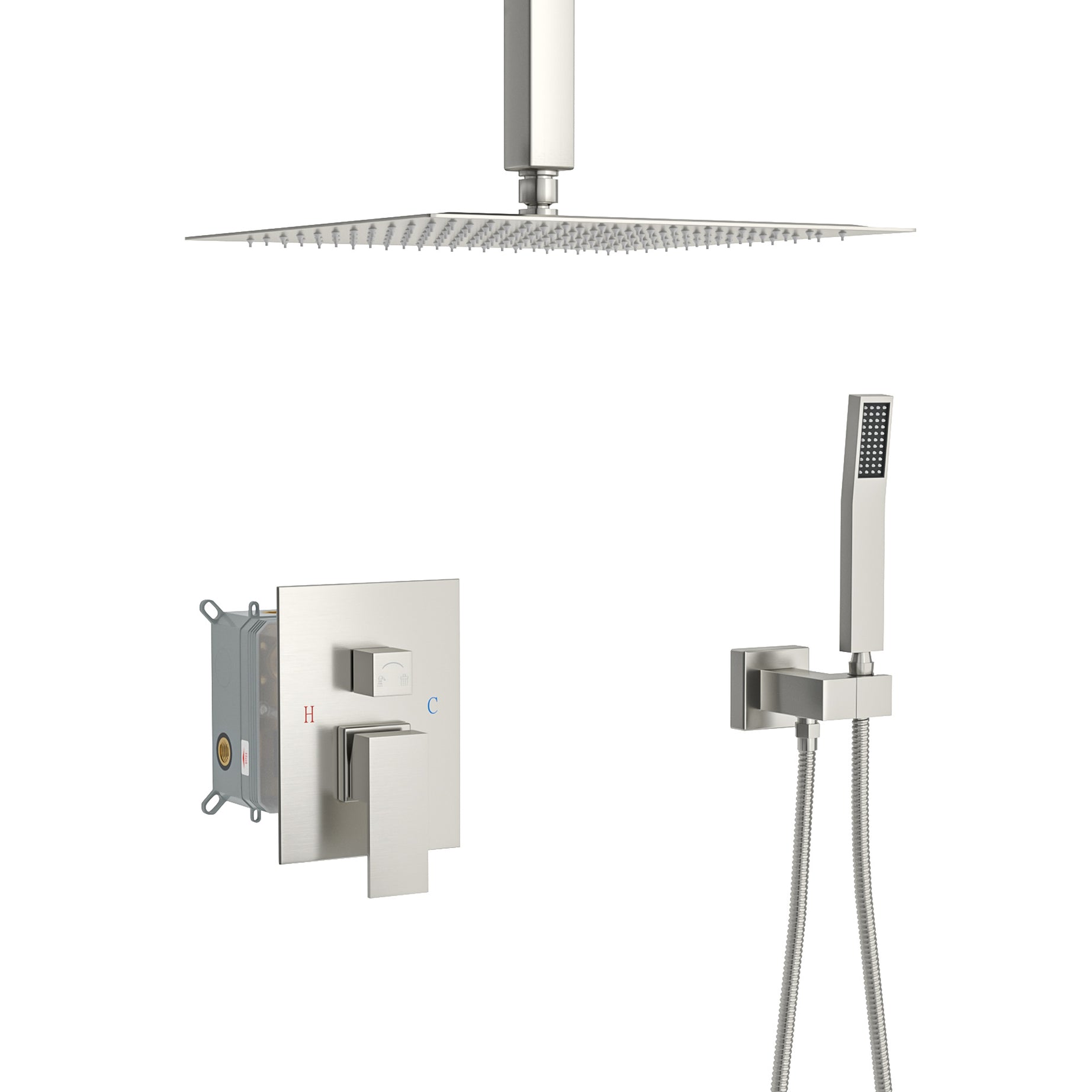 Dual Shower Head - 10 Inch Ceiling Mount Square Shower System with Rough-in Valve, Brushed Nickel--1