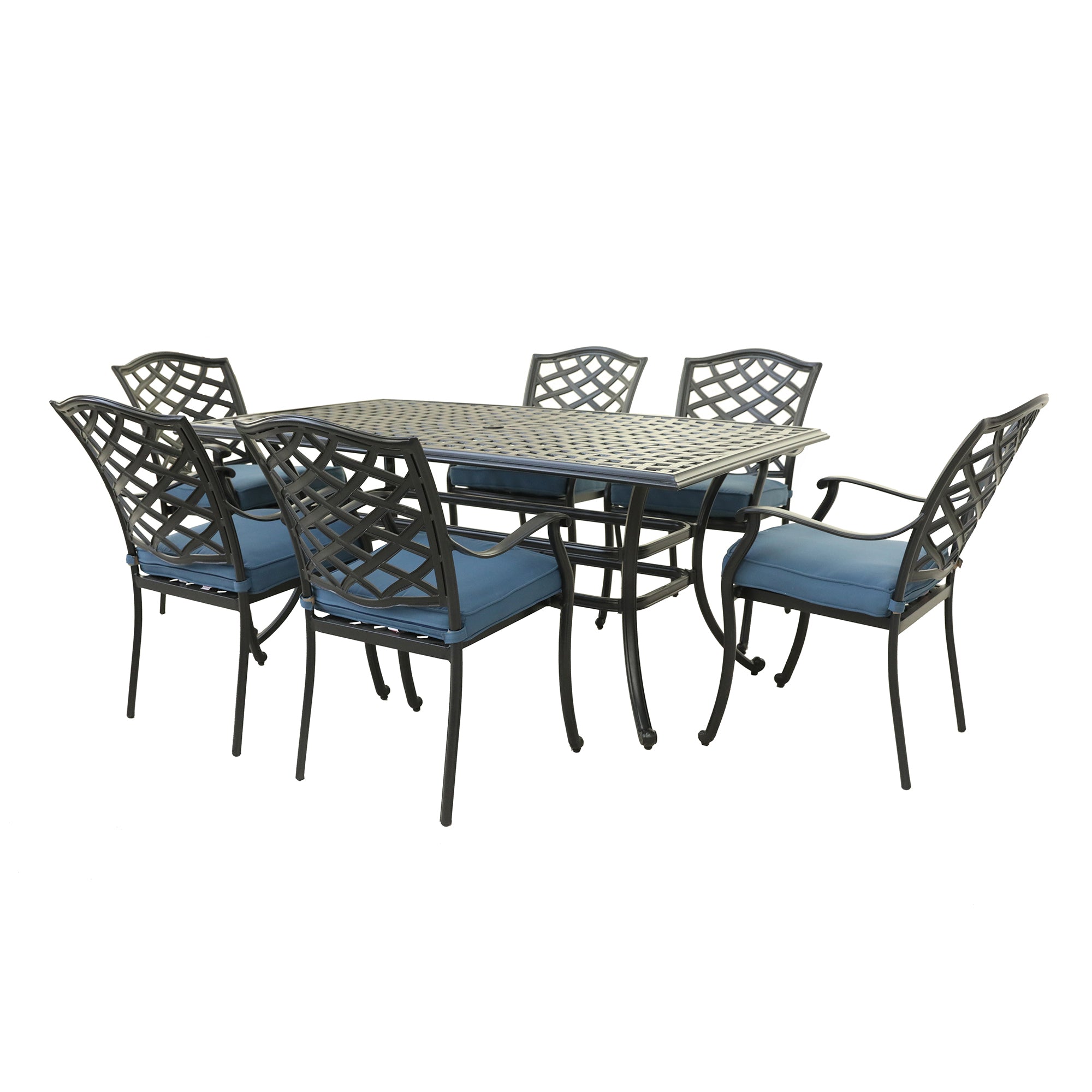 Aluminum 7-Piece Rectangular Dining Set With 6 Arm Chairs, Sapphire Blue--1