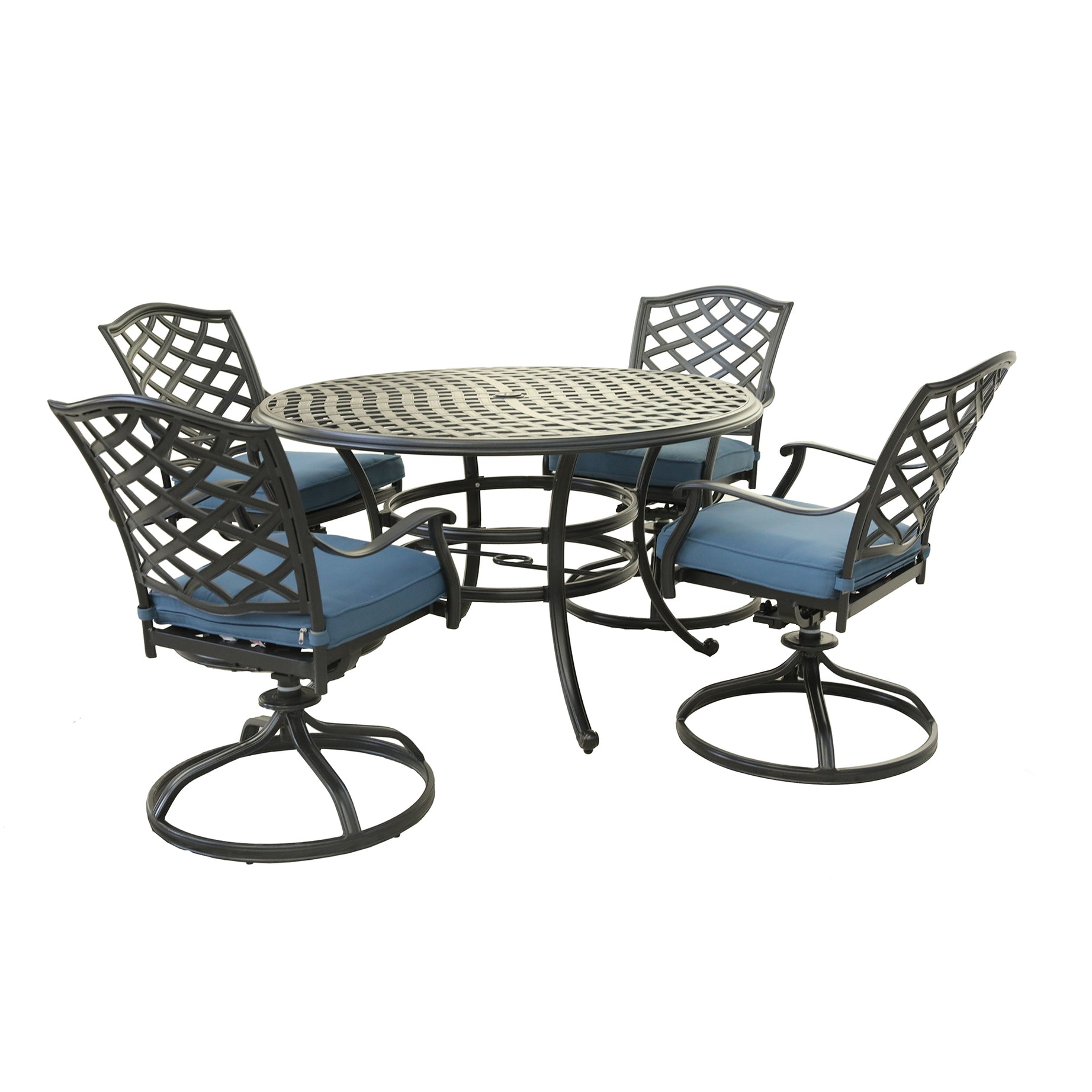 Aluminum 5-Piece Round Dining Set With 4 Swivel Rockers, Sapphire Blue--1