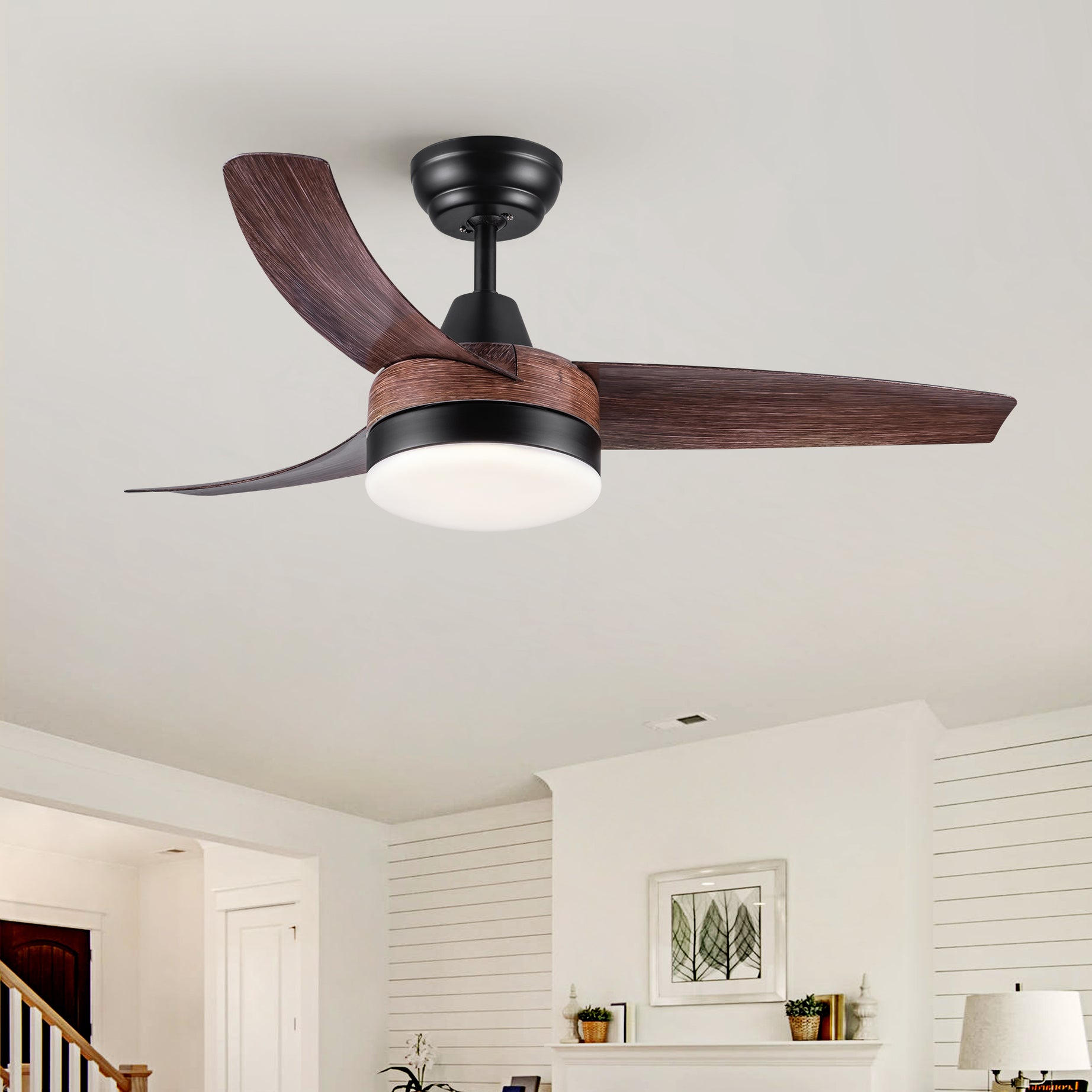 42" YUHAO Farmhouse Rustic  LED Ceiling Fan with Brown Wood Grain ABS Blades and Remote Control--1