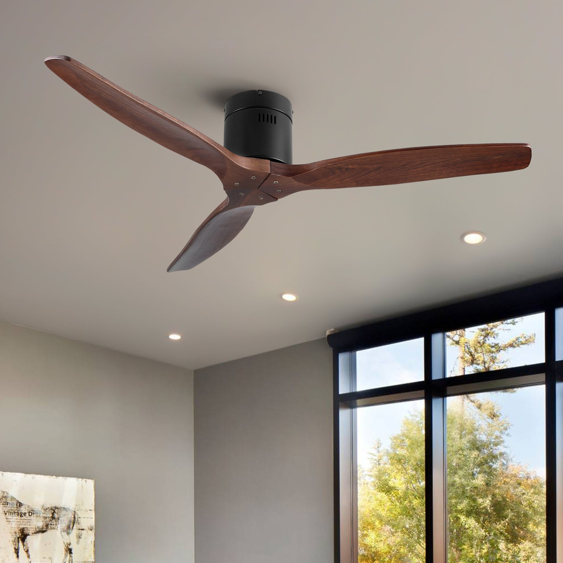 52" YUHAO Farmhouse Rustic Ceiling Fan without Light - Matte Black with Solid Wood Blade--1