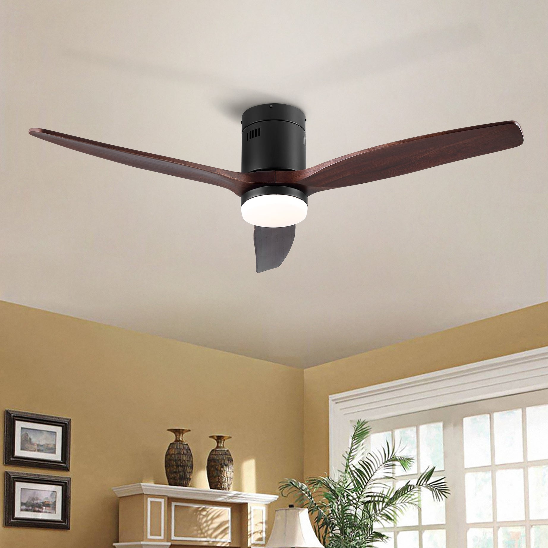 52 In.Intergrated LED Low Profile Ceiling Fan Lighting with Brown Solid Wood Blade--1