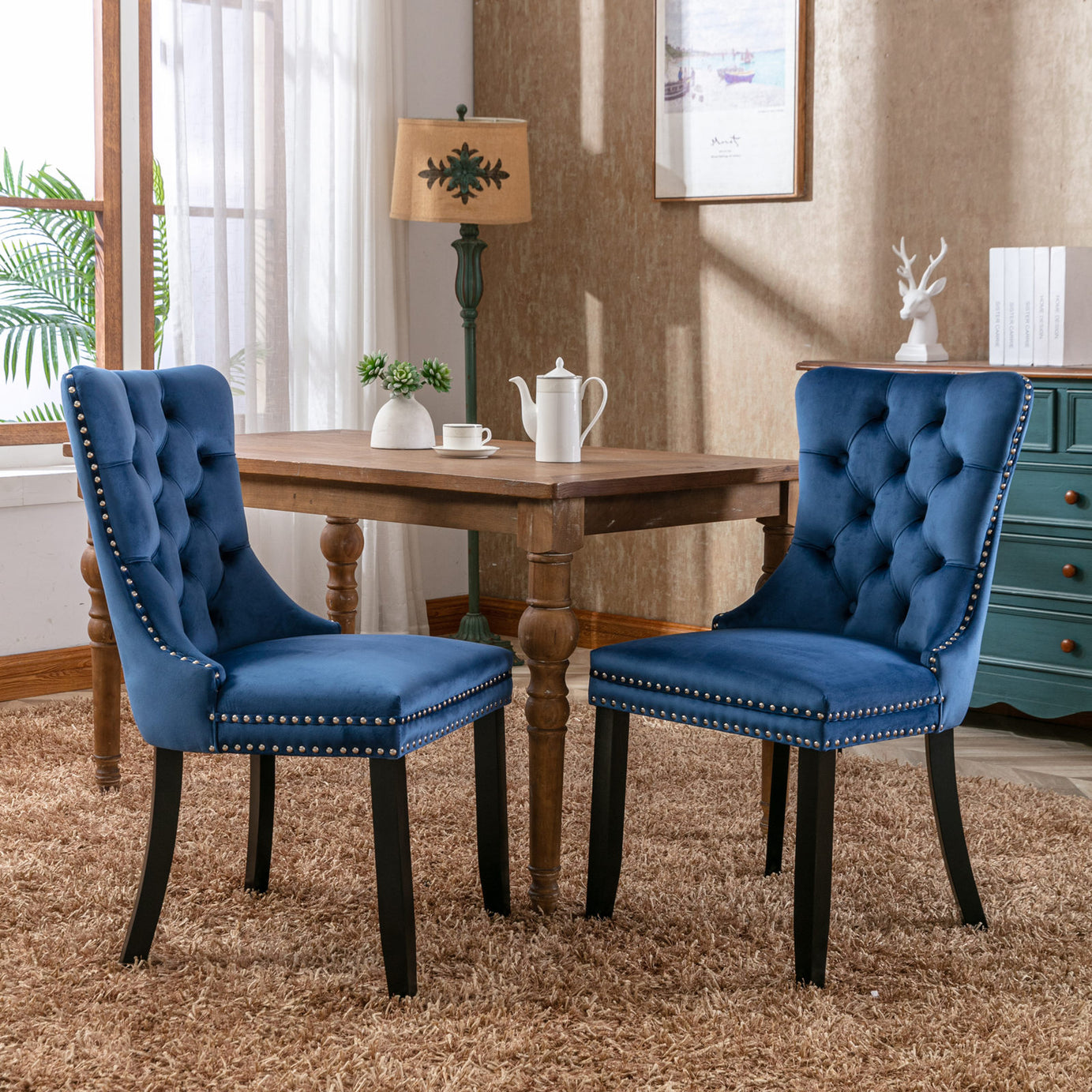 Nikki Collection Modern, High-end Tufted Solid Wood Contemporary Velvet Upholstered Dining Chair with Wood Legs Nailhead Trim 2-Pcs Set,Blue, SW2001BL--1