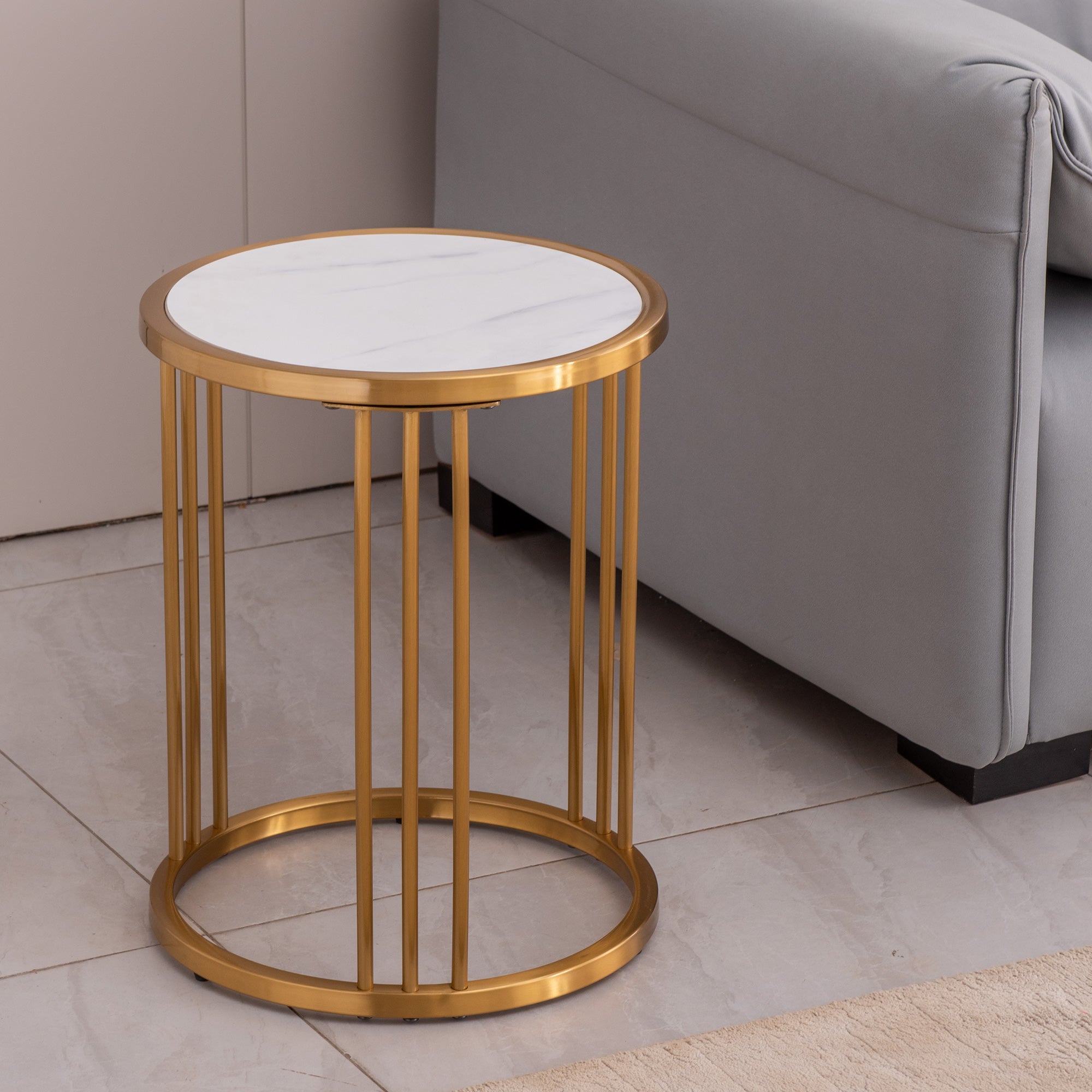 Slate/sintered stone round side/end table with golden stainless steel frame--1