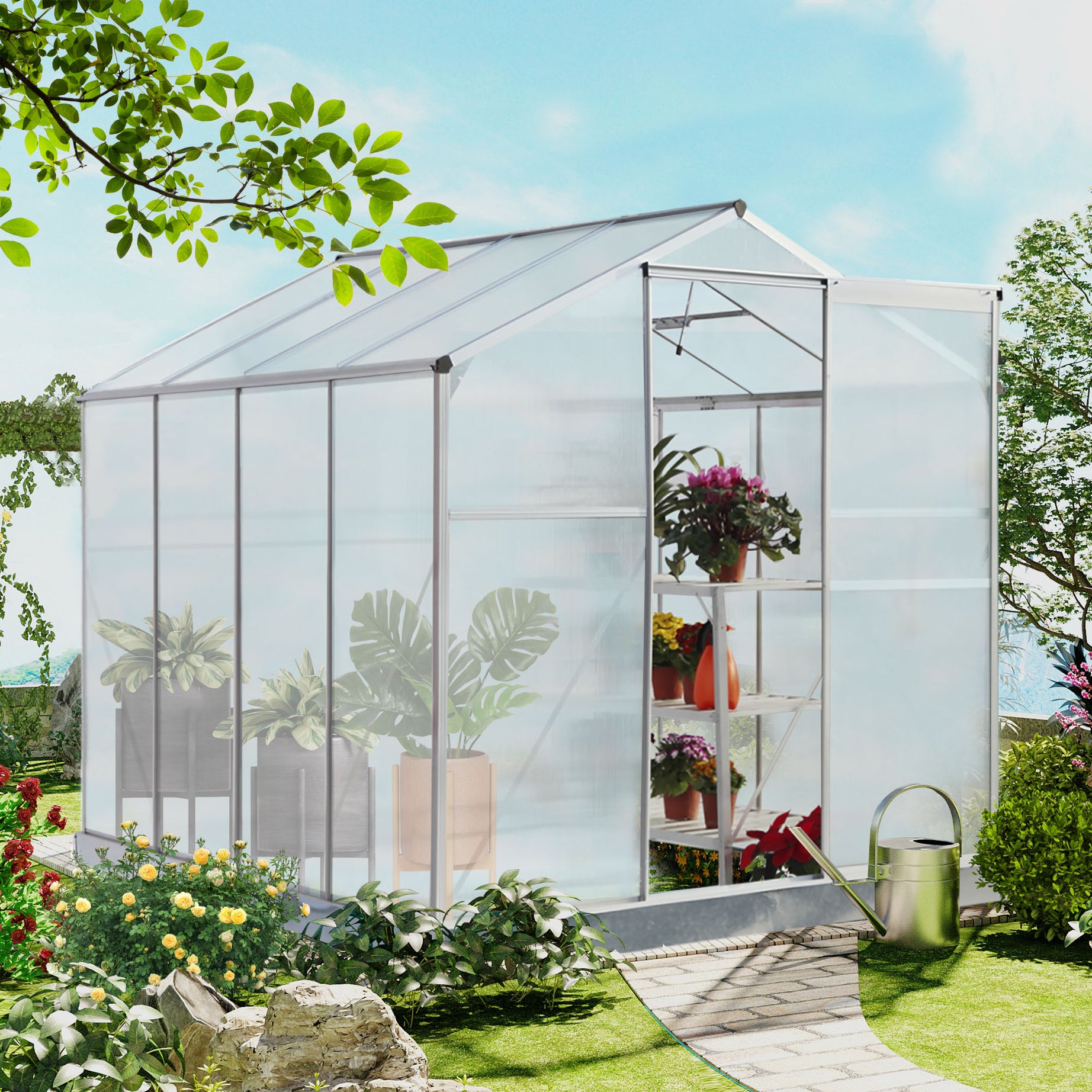 Polycarbonate Greenhouse,6'x 8' Heavy Duty Walk-in Plant Garden Greenhouse for Backyard/Outdoor--1