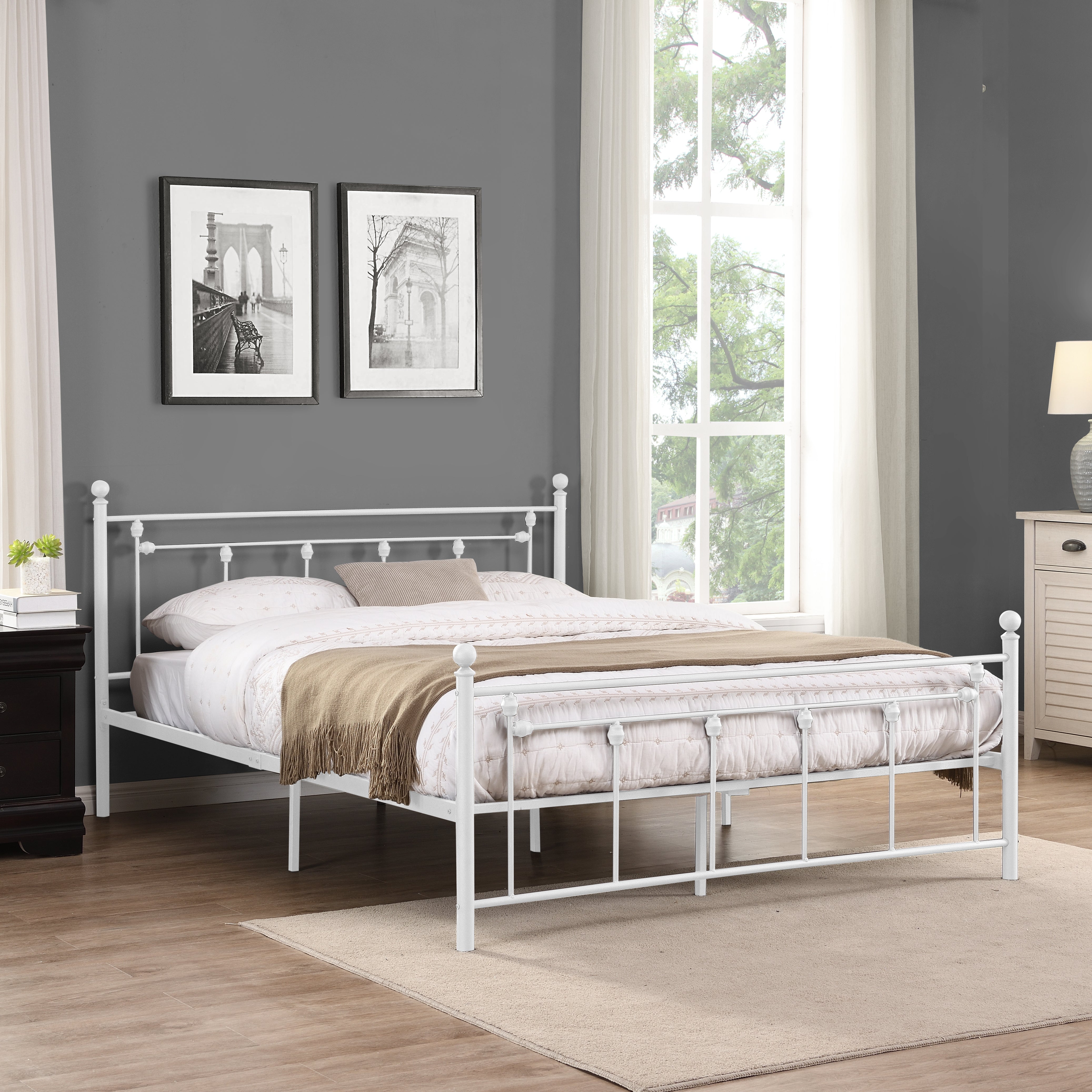 Queen Size Metal Bed Frame with Headboard and Footboard (White)--1