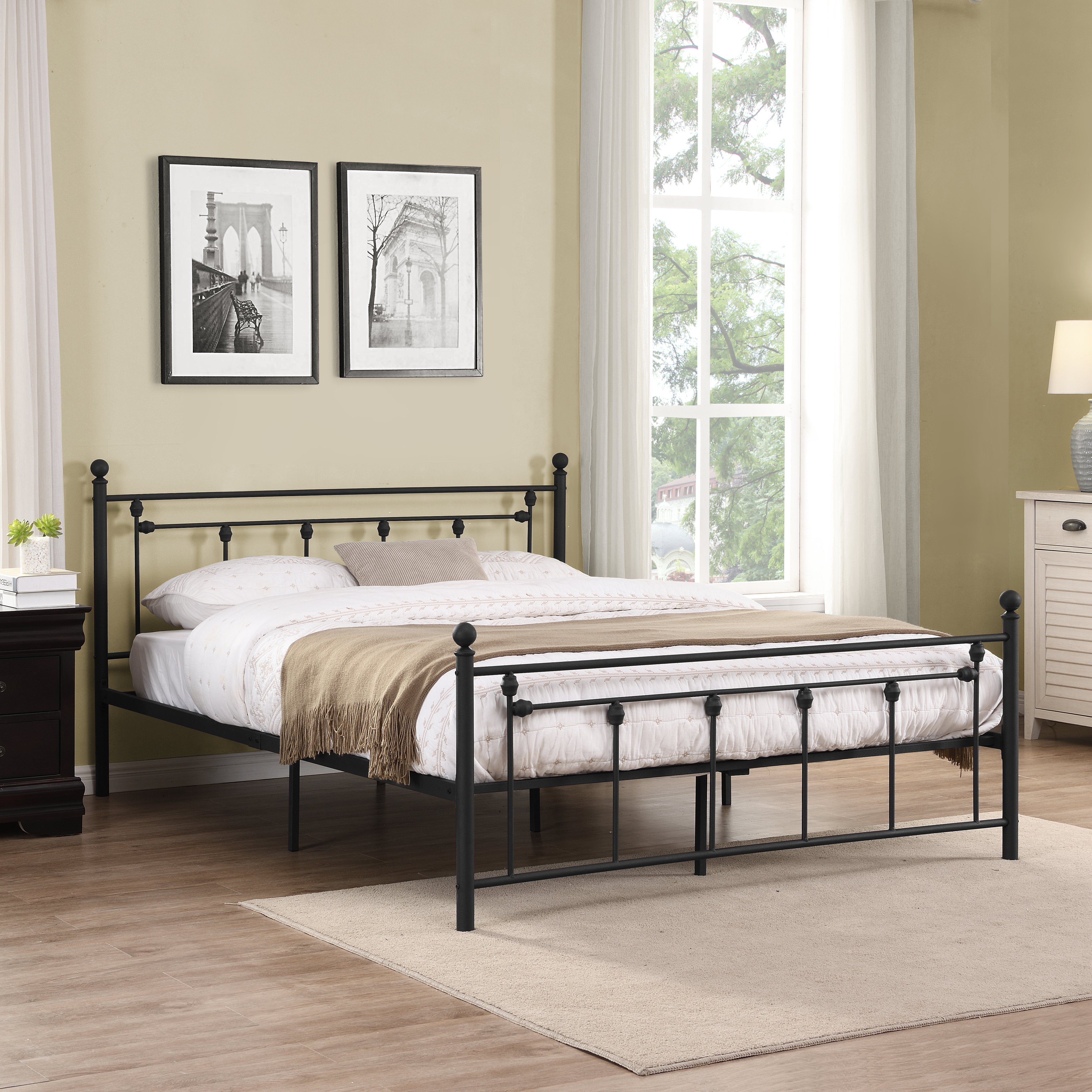 Queen Size Metal Bed Frame with Headboard and Footboard (black)--1