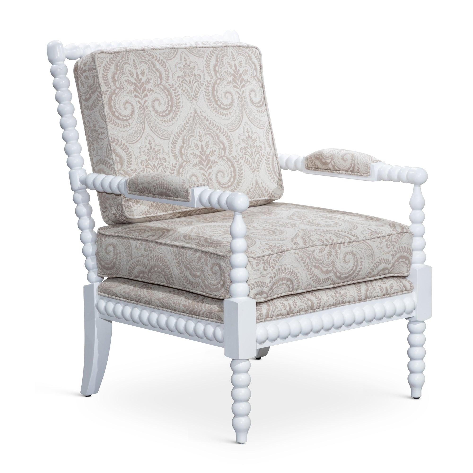 Spindle Chair, White Finish, Taupe Paisley Fabric--1