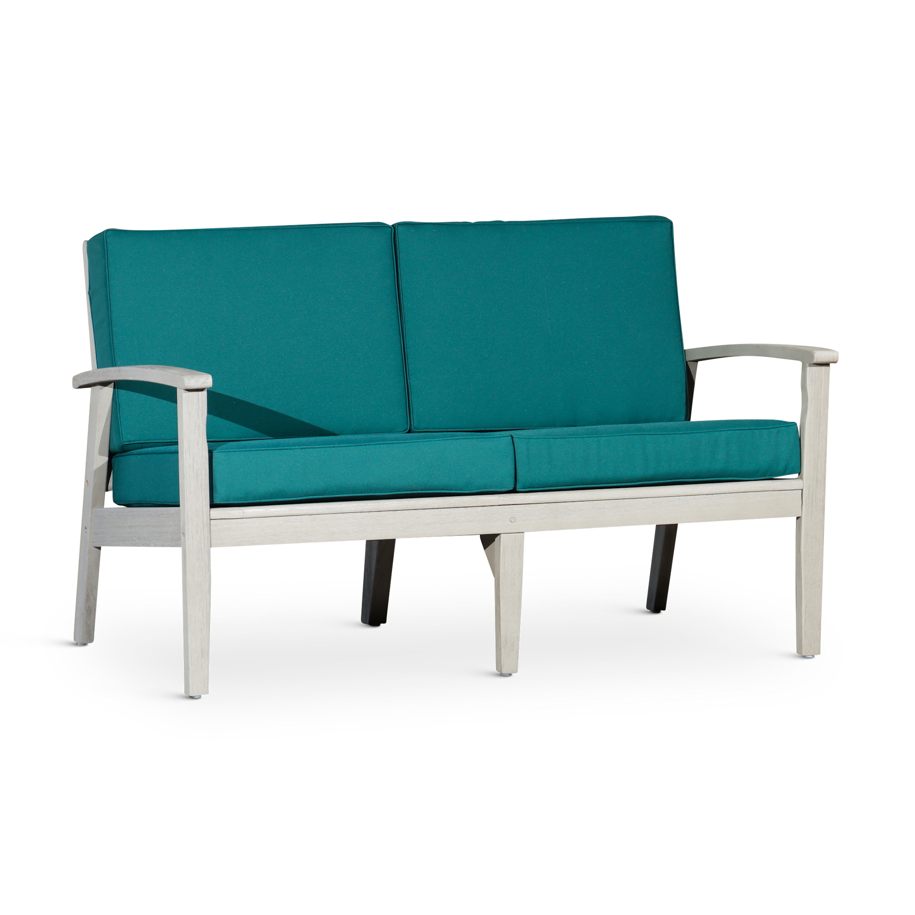 Eucalyptus Loveseat with Cushions, Driftwood Gray Finish, Dark Green Cushions--1