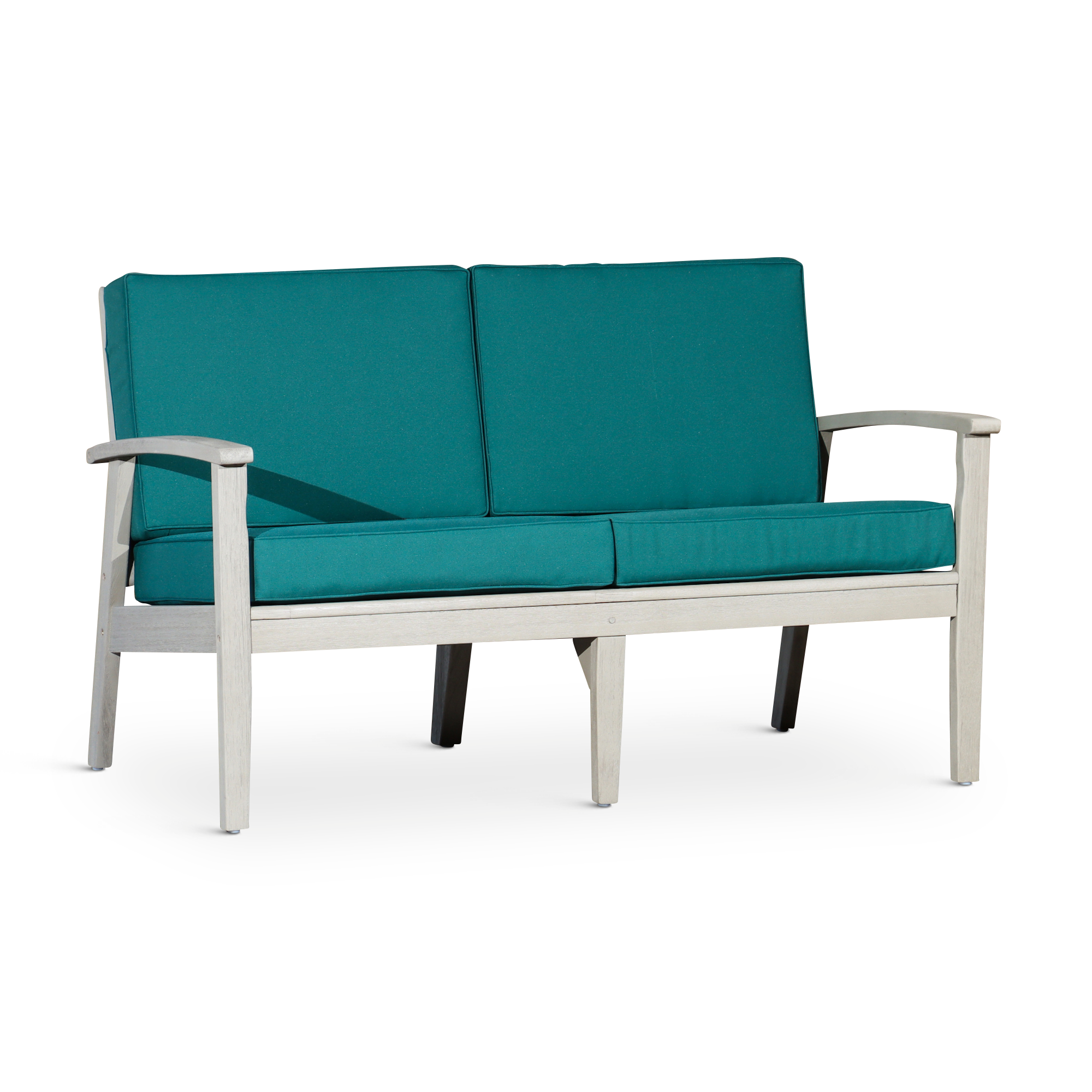 Eucalyptus Loveseat with Cushions, Driftwood Gray Finish, Dark Green Cushions--1