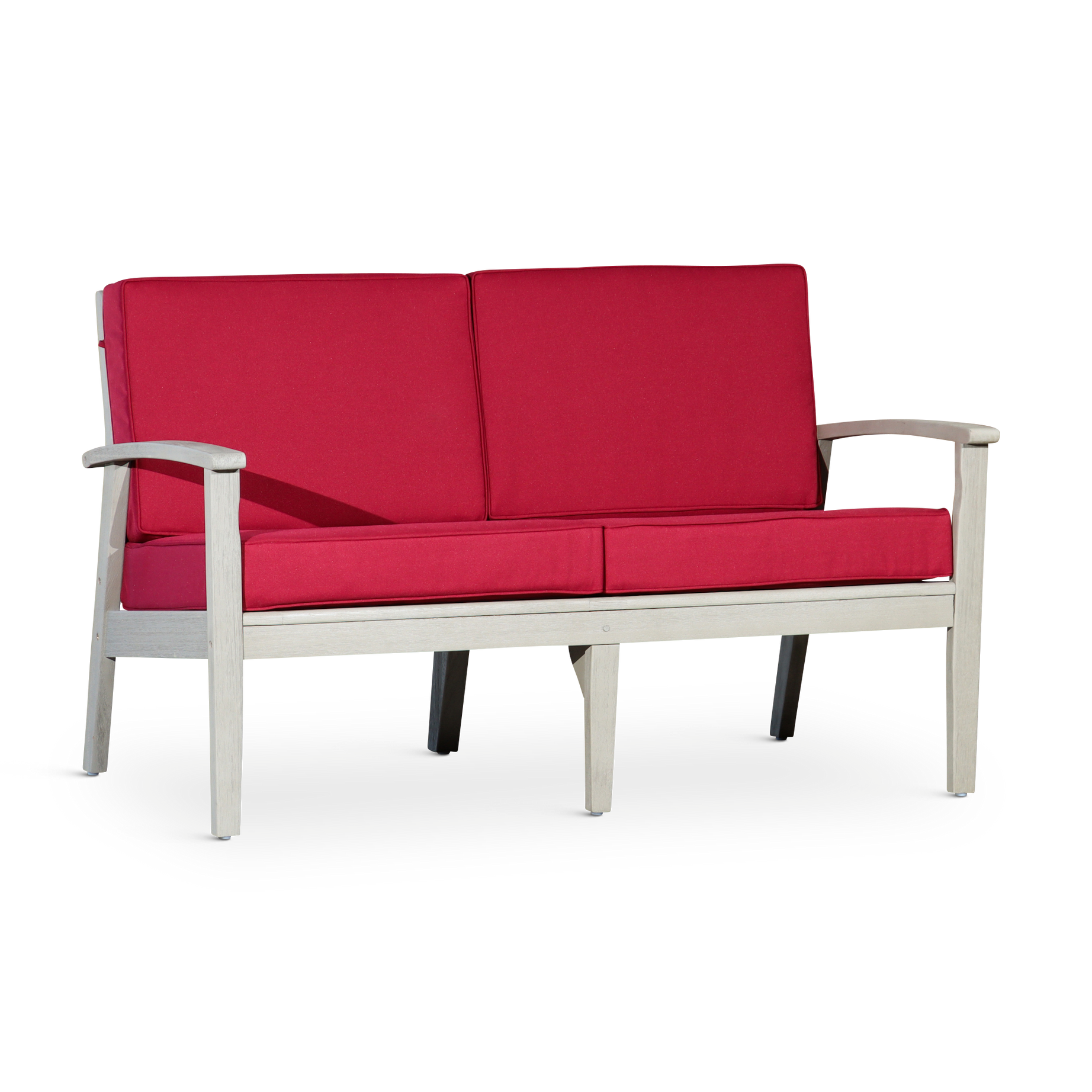 Eucalyptus Loveseat with Cushions, Driftwood Gray Finish, Burgundy Cushions--1