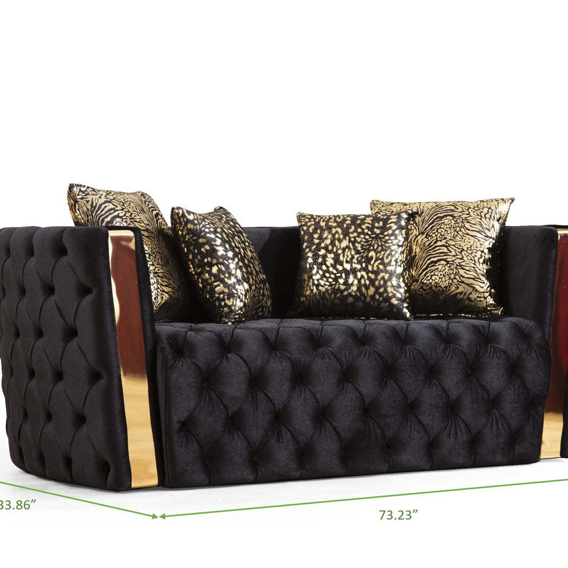 Naomi Button Tufted Loveseat with Velvet Fabric and Gold Accent in Black--5