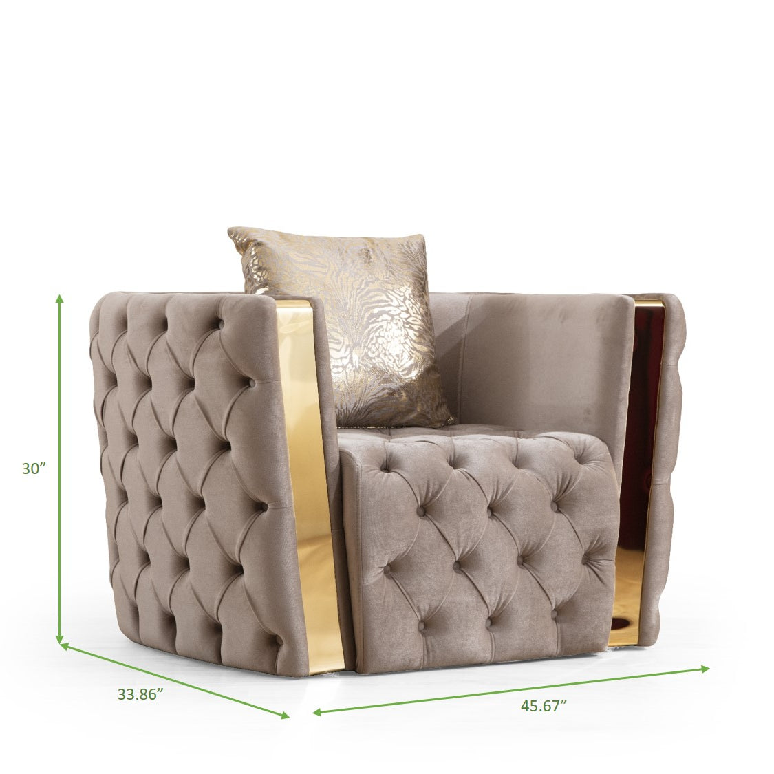 Naomi Button Tufted Chair with Velvet Fabric and Gold Accent in Taupe--5