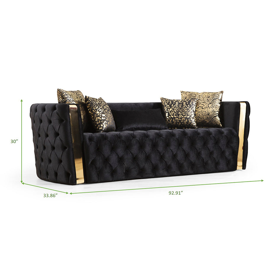 Naomi Button Tufted Sofa Finished with Velvet Fabric and Gold Accent in Black--6