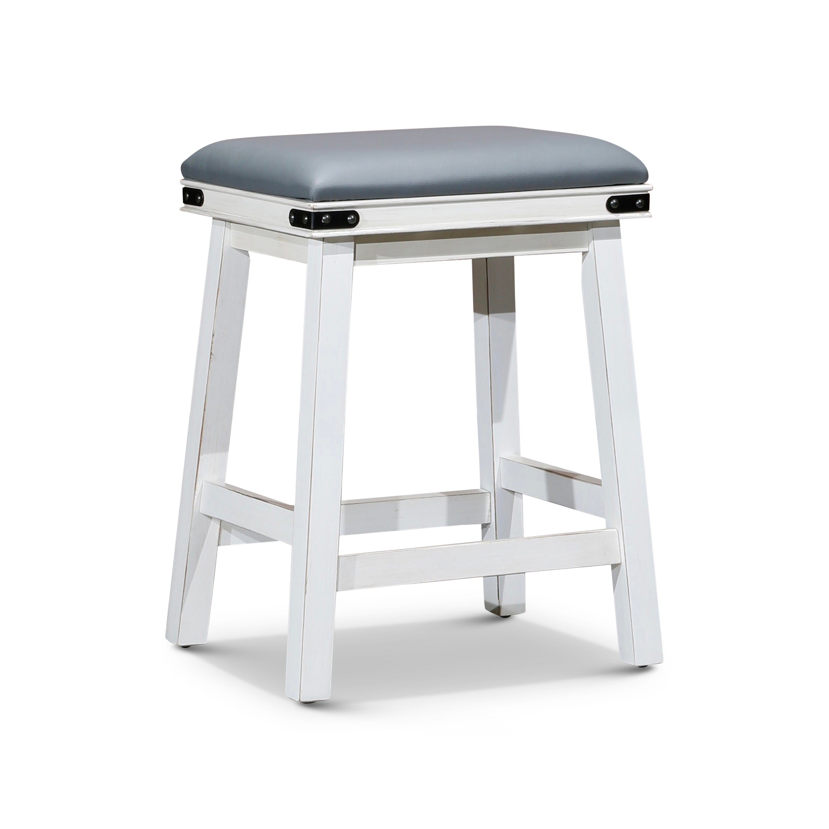 24" Counter Stool, Antique White, Gray Leather Seat--1