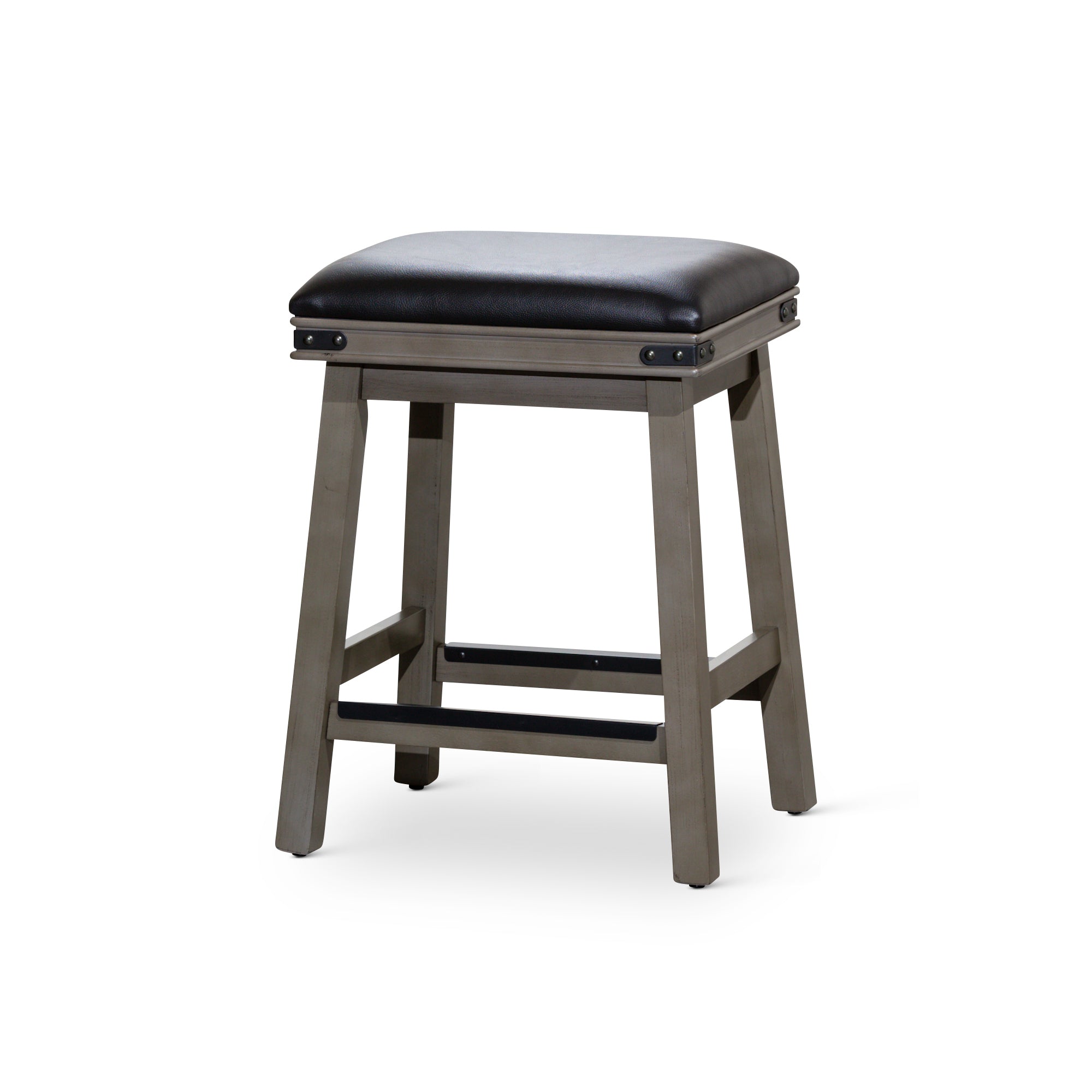 24" Counter Stool, Weathered Gray Finish, Black Leather Seat--1