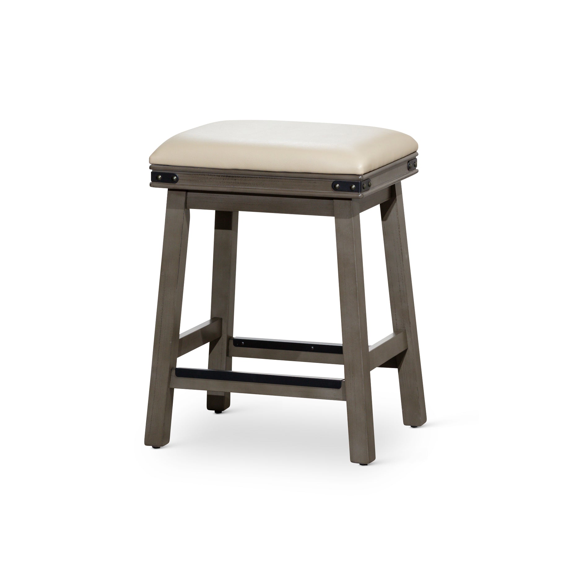 24" Counter Stool, Weathered Gray Finish, French Gray Leather Seat--1