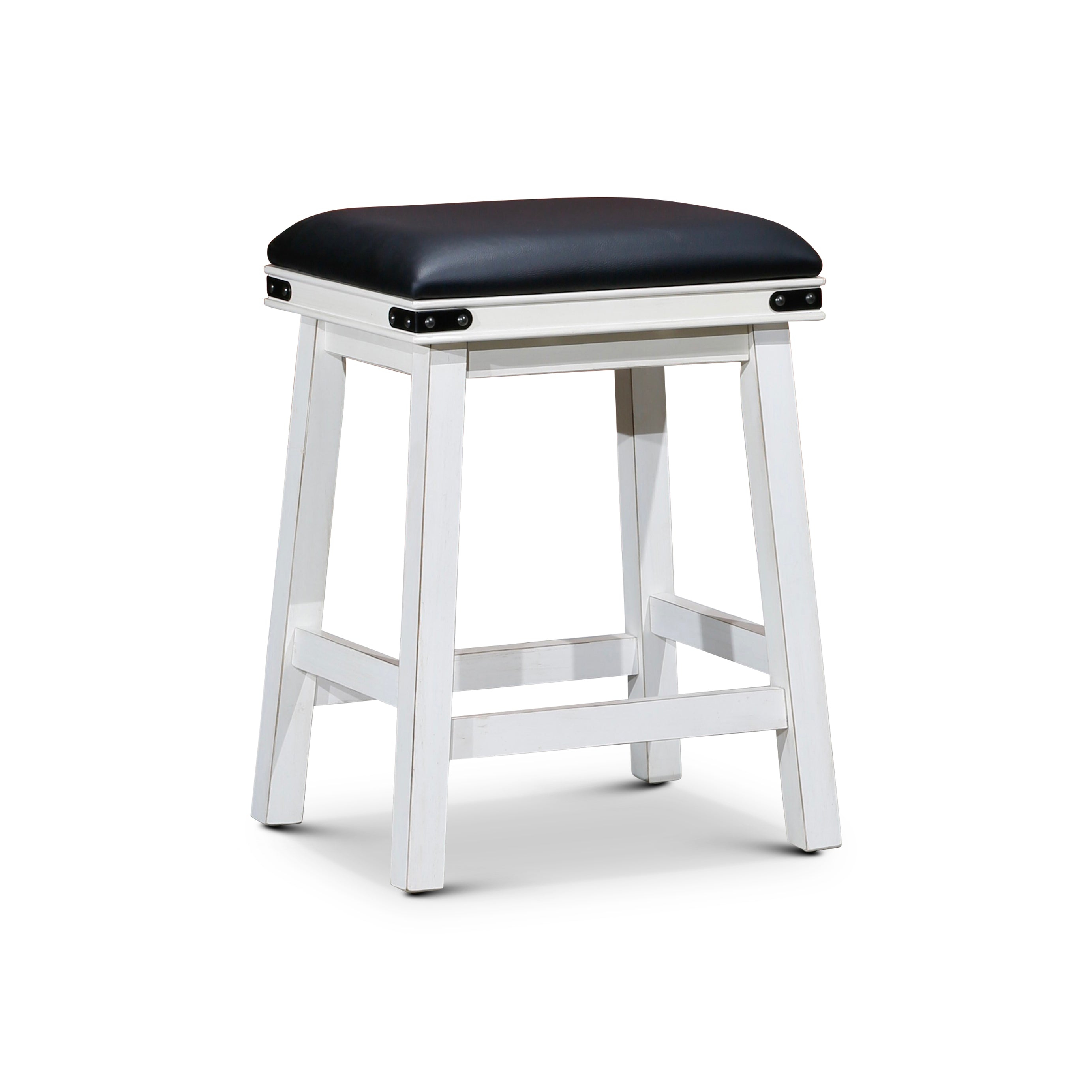 24" Counter Stool, Antique White Finish, Black Leather Seat--1