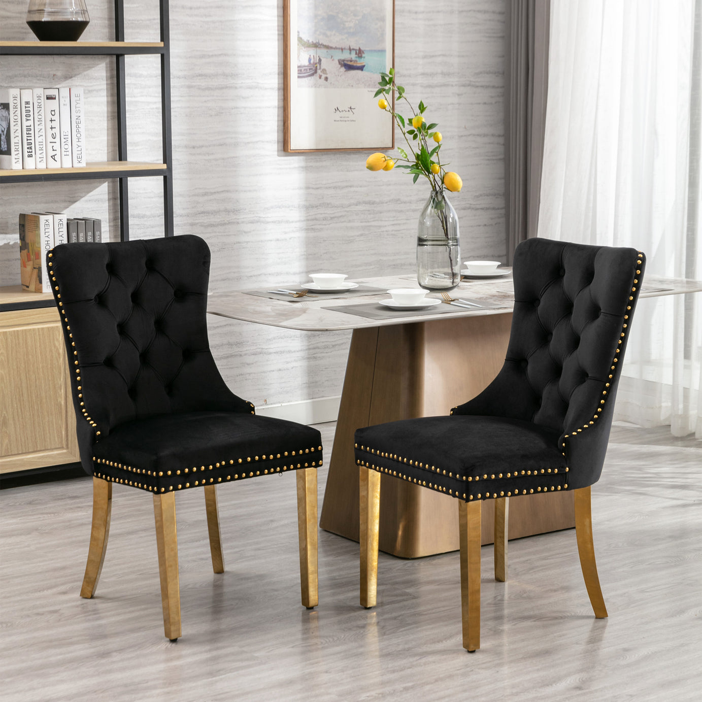 A&A Furniture,Nikki Collection Modern, High-end Tufted Solid Wood Contemporary Velvet Upholstered Dining Chair with Golden Stainless Steel Plating Legs,Nailhead Trim,Set of 2，Black and Gold, SW1601BK--1