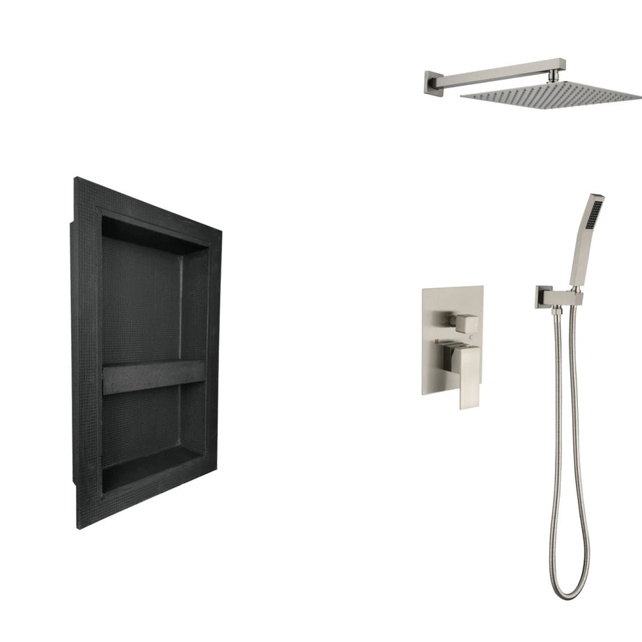 Shower System with Shower Head, Hand Shower, Hose, Valve Trim, Lever Handles and Niche--1