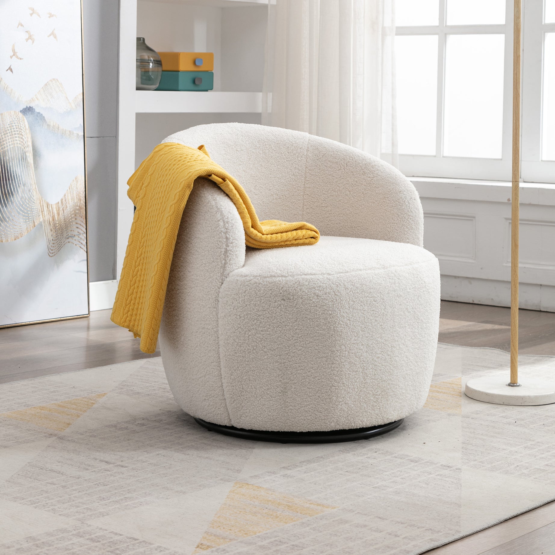 Teddy Fabric Swivel Accent Armchair Barrel Chair With Black Powder Coating Metal Ring,Ivory White--1