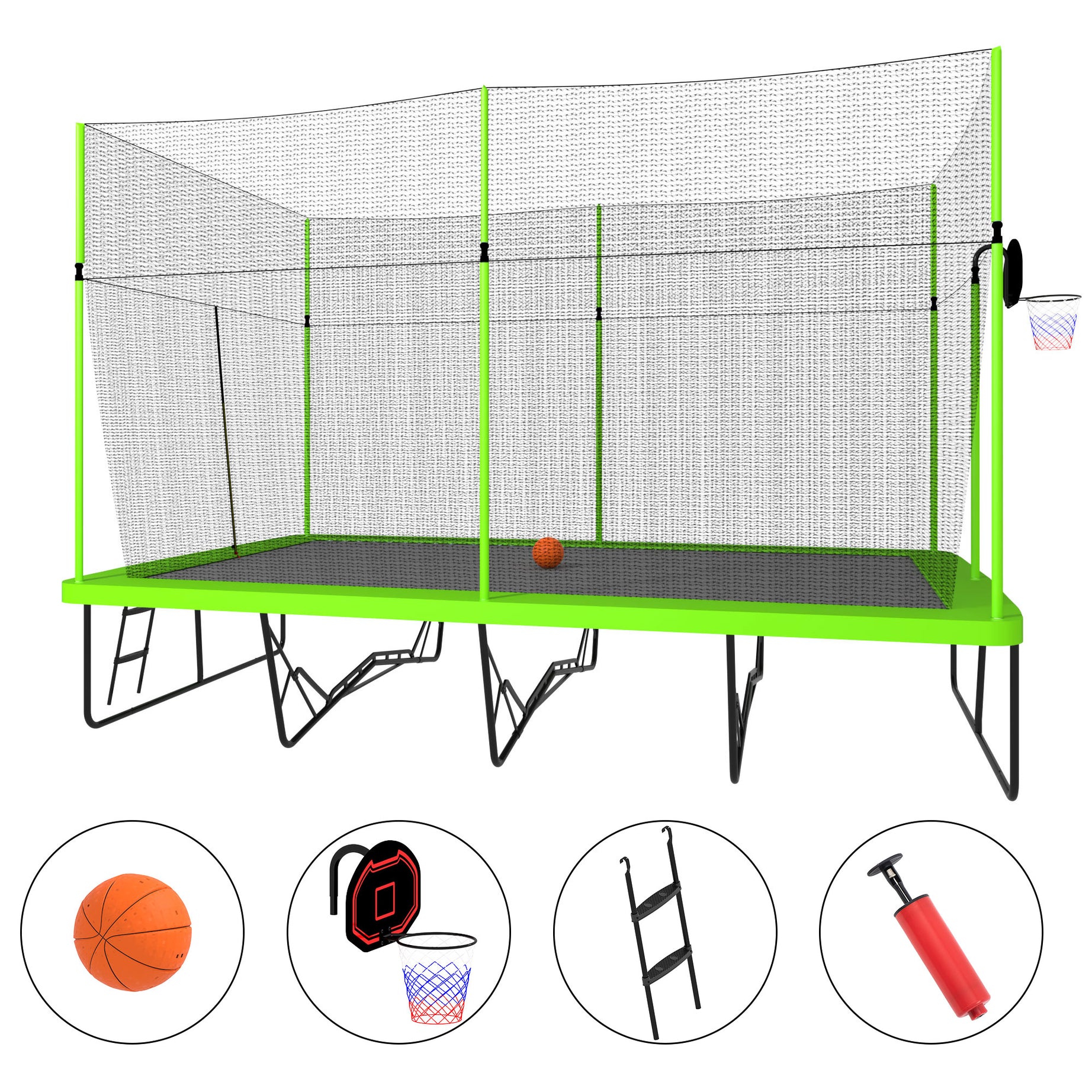 10ft by 17ft Rectangule Trampoline with Green Fabric Black Powder-coated Galvanized Steel Tubes with Basketball Hoop System Advanced Ladder--1