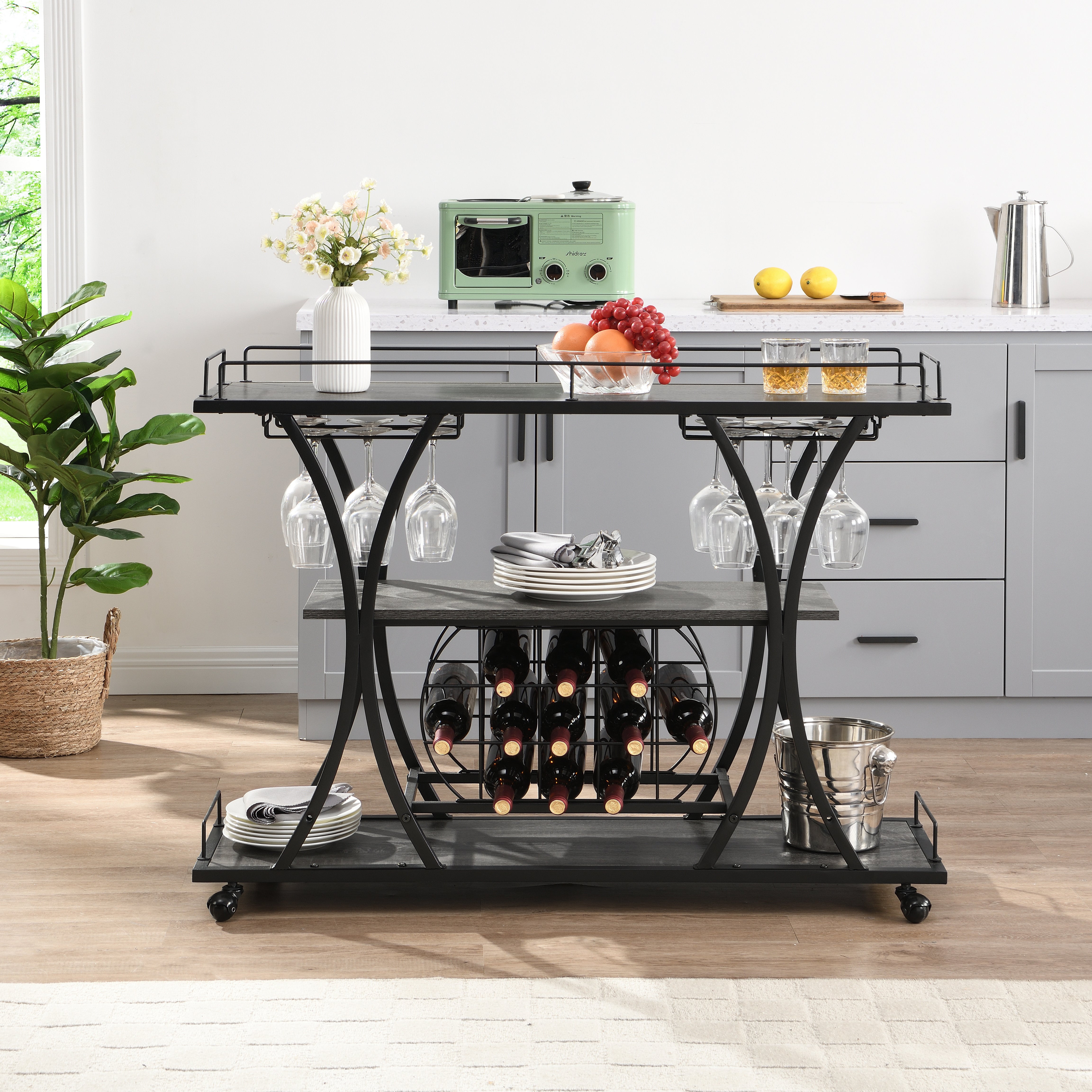 Industrial Bar Cart Kitchen Bar&Serving Cart for Home with Wheels 3 -Tier Storage Shelves--1