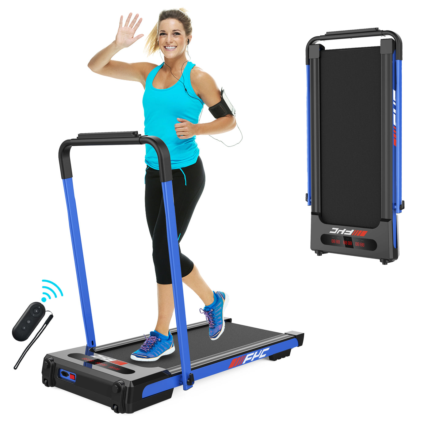 2 in 1 Under Desk Treadmill - 3.5 HP Folding Treadmill for Home, Installation-Free Foldable Treadmill Compact Electric Running Machine, Remote Control & LED Display Walking Running Jogging, Blue--1