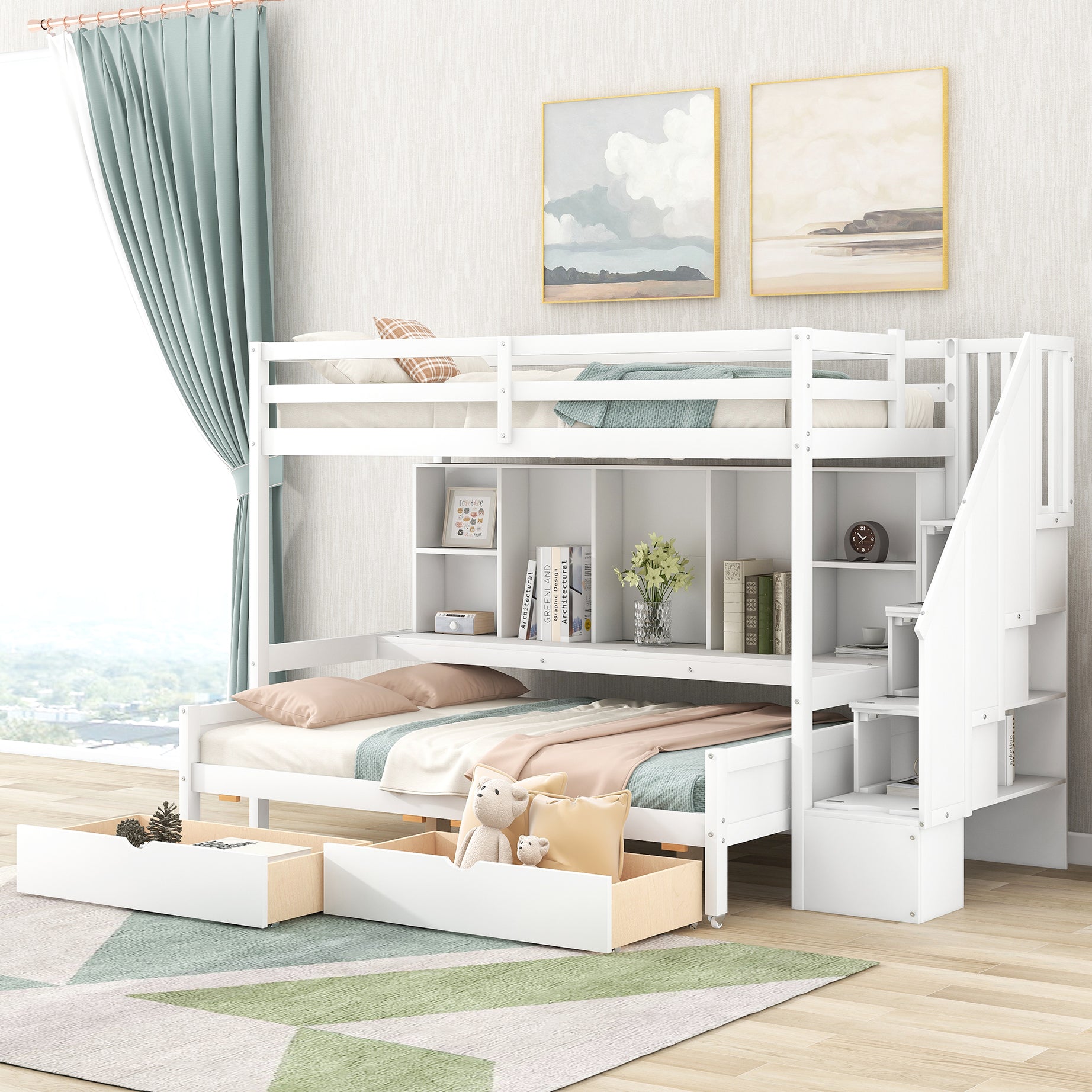 Twin over Full Bunk Bed with Built-in Storage Shelves,Drawers and Staircase,White--1