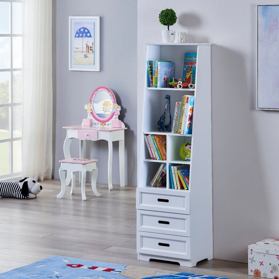 Kids Funnel White Bookcase Book Shelf Storage Unit with Book Display/Organizer Drawers - Classic White Color--1