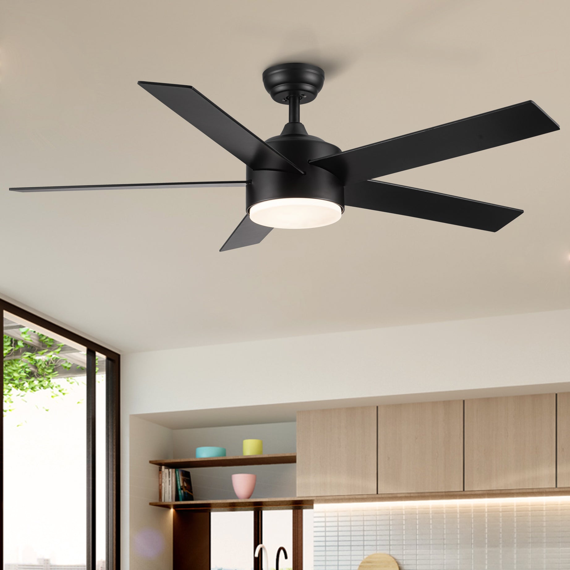 52" Integrated LED Light Matte Black Blade Ceiling Fan with Remote Control--1