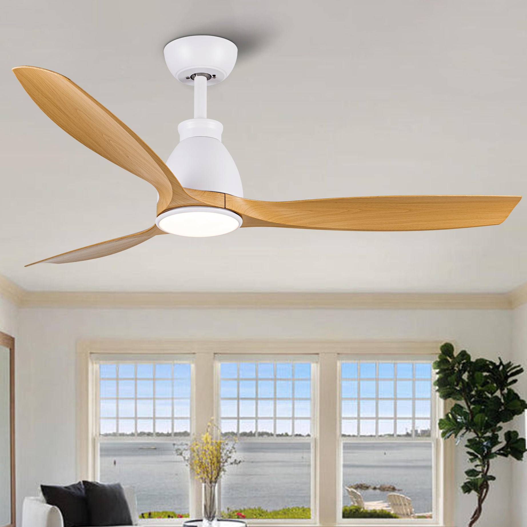 52 In.Intergrated LED Ceiling Fan with Antique Brown Wood Graiin Blade--1