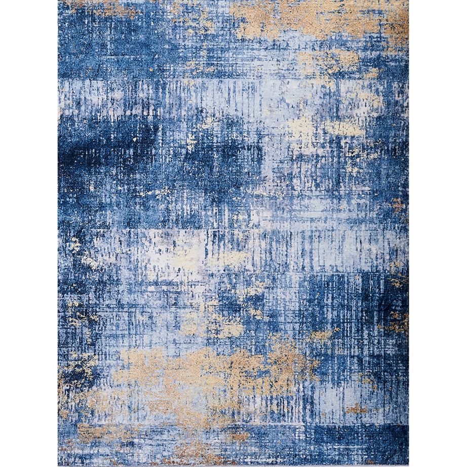 ZARA Collection Abstract Design Blue Gold Machine Washable Super Soft Area Rug--1