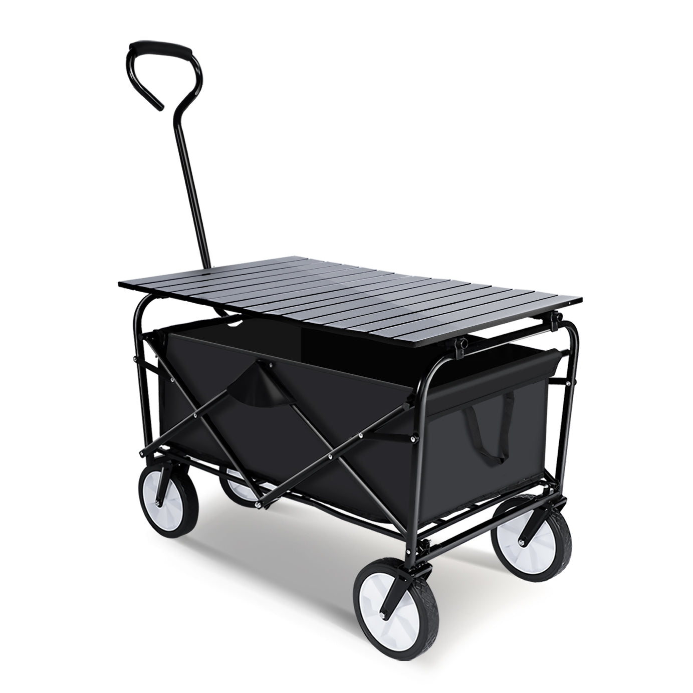 Heavy Duty Portable Folding Wagon and Collapsible Aluminum Alloy Table Combo Utility Outdoor Camping Cart with Universal Anti-slip Wheels & Adjustable Handle along with Metal Board Desktop, Black--1