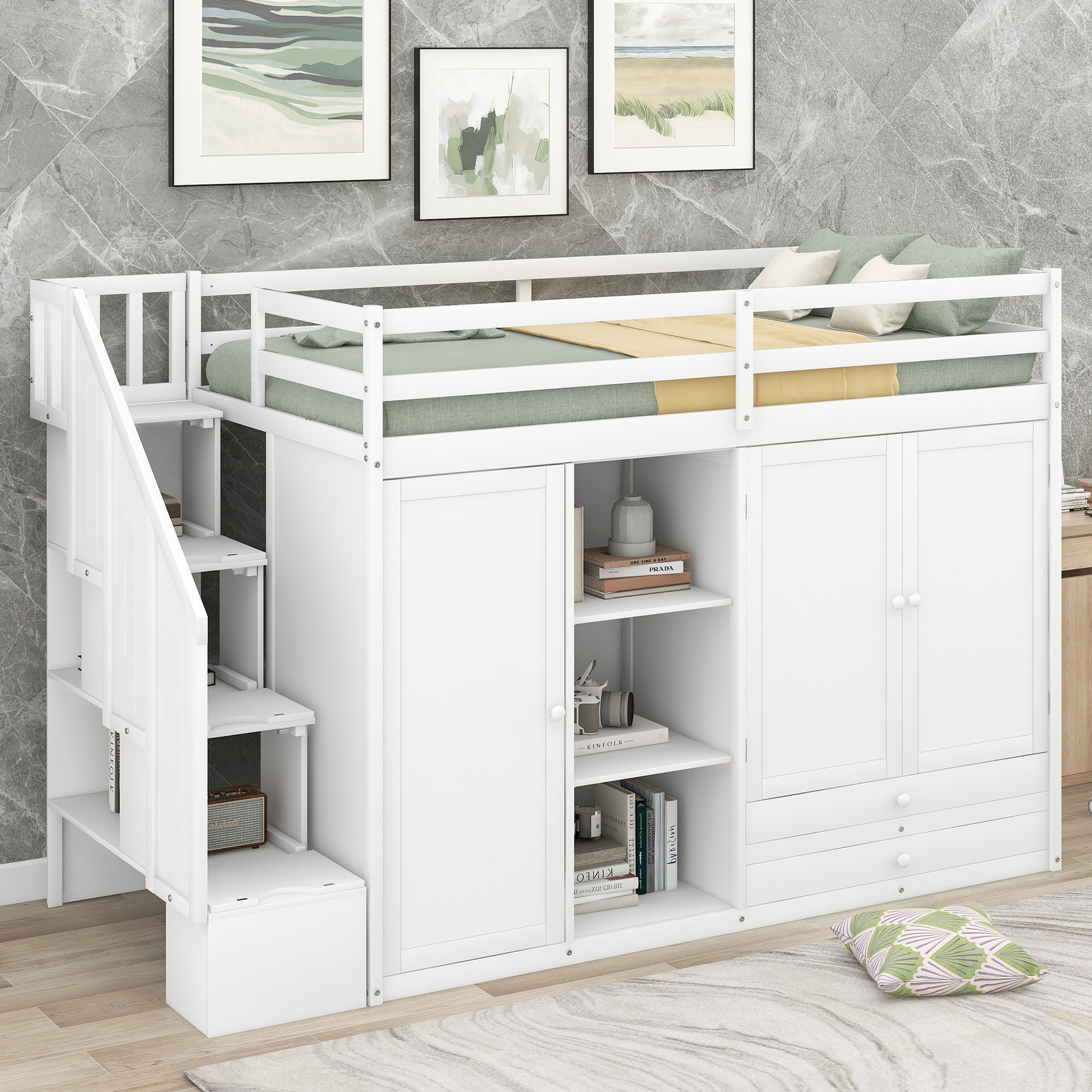 Functional Loft Bed with 3 Shelves, 2 Wardrobes and 2 Drawers,  Ladder with Storage, No Box Spring Needed, White--1