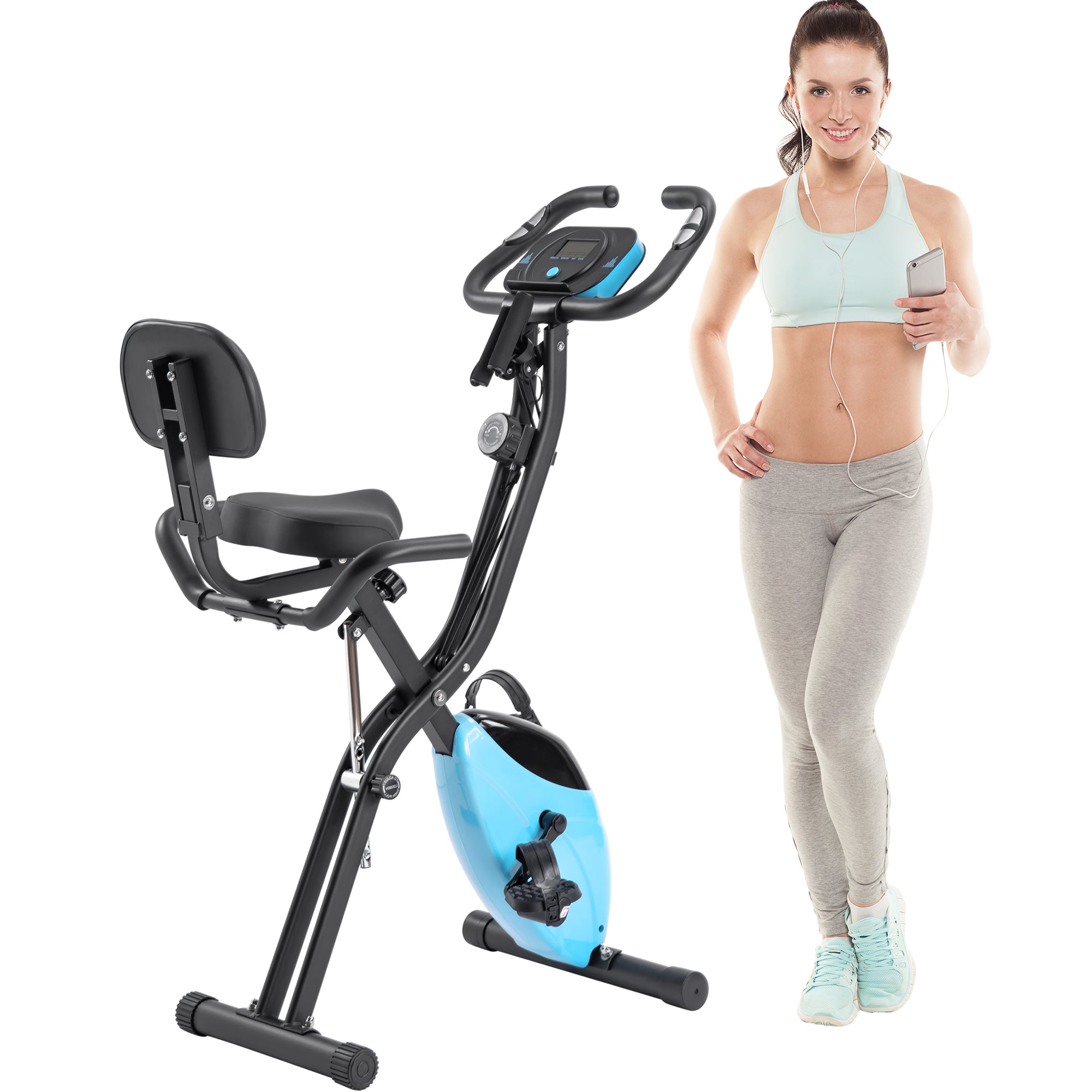 Folding Exercise Bike, Fitness Upright and Recumbent X-Bike with 16-Level Adjustable Resistance, Arm Bands and Backrest--1