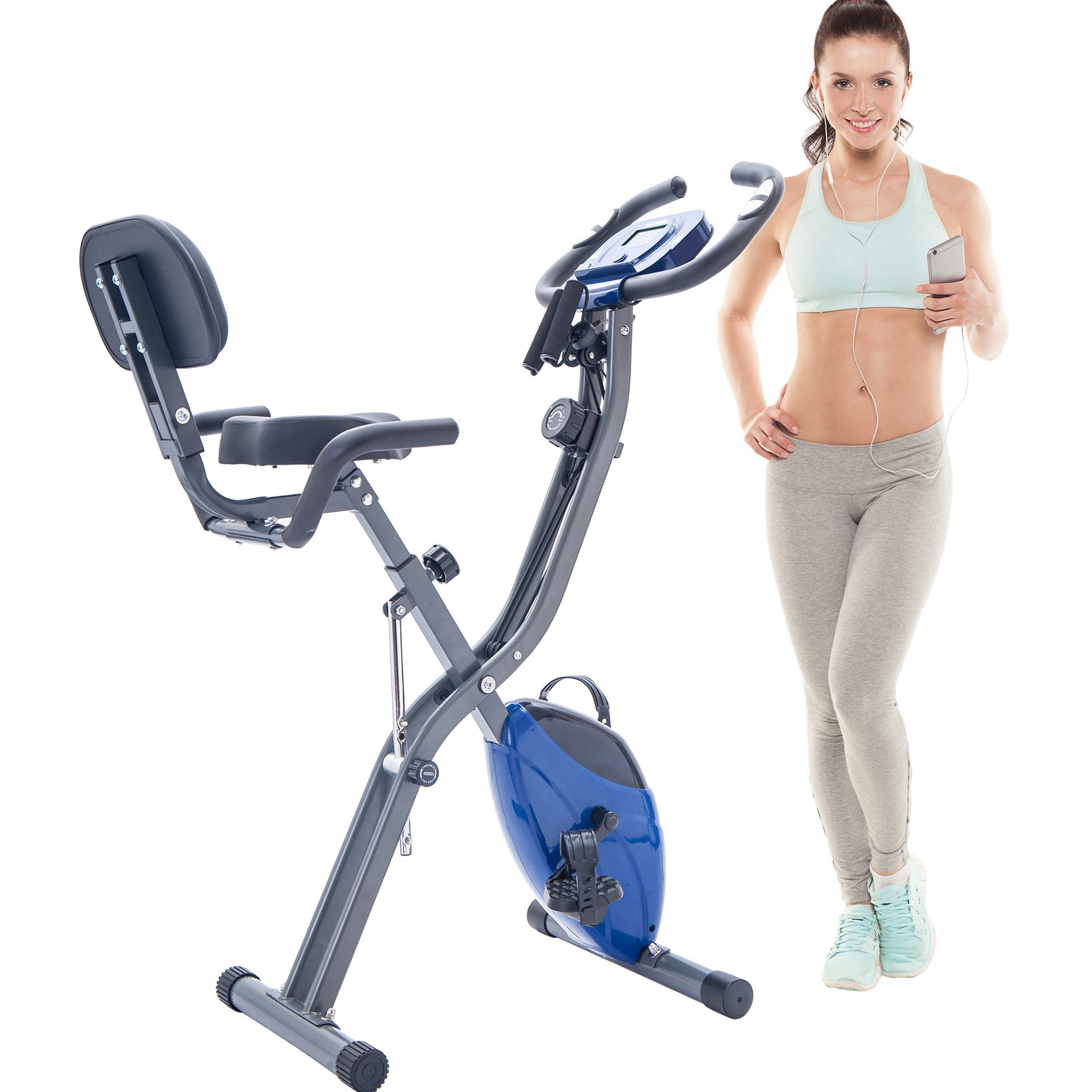 Folding Exercise Bike, Fitness Upright and Recumbent X-Bike with 16-Level Adjustable Resistance, Arm Bands and Backrest--1