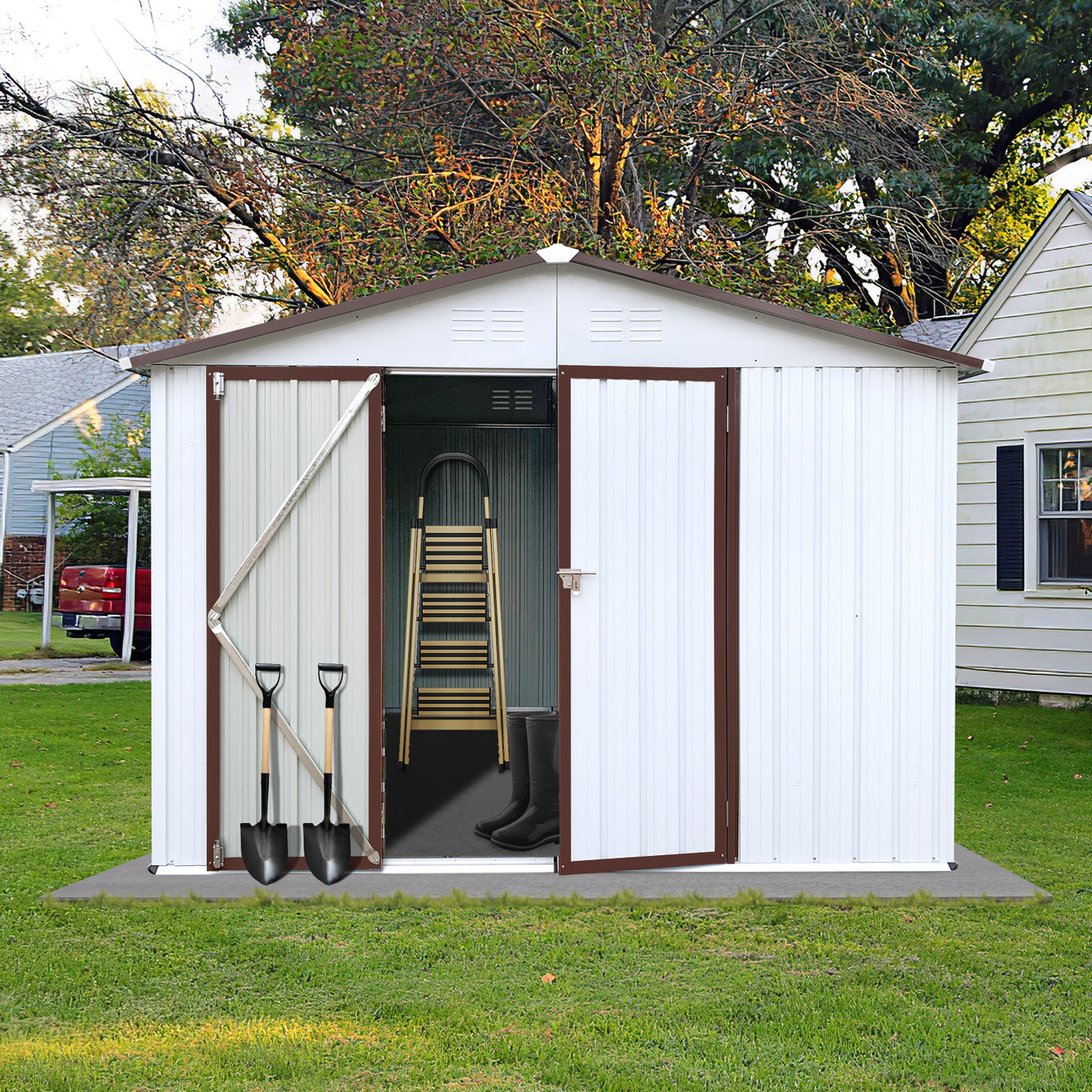 Metal garden sheds 6ftx8ft outdoor storage sheds white+offee--1