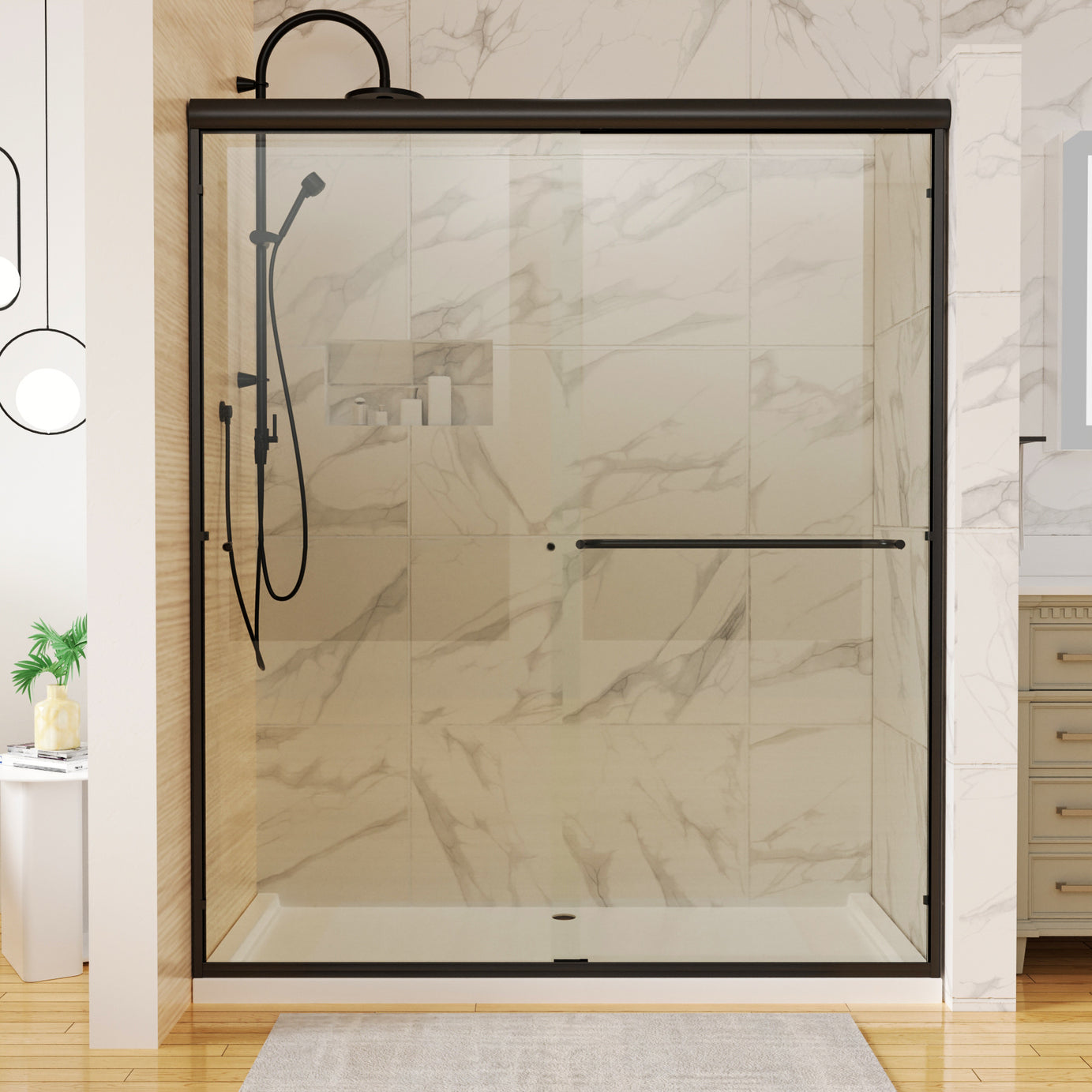 60 in. x 70 in. Traditional Sliding Shower Door in Matte black with Clear Glass--1