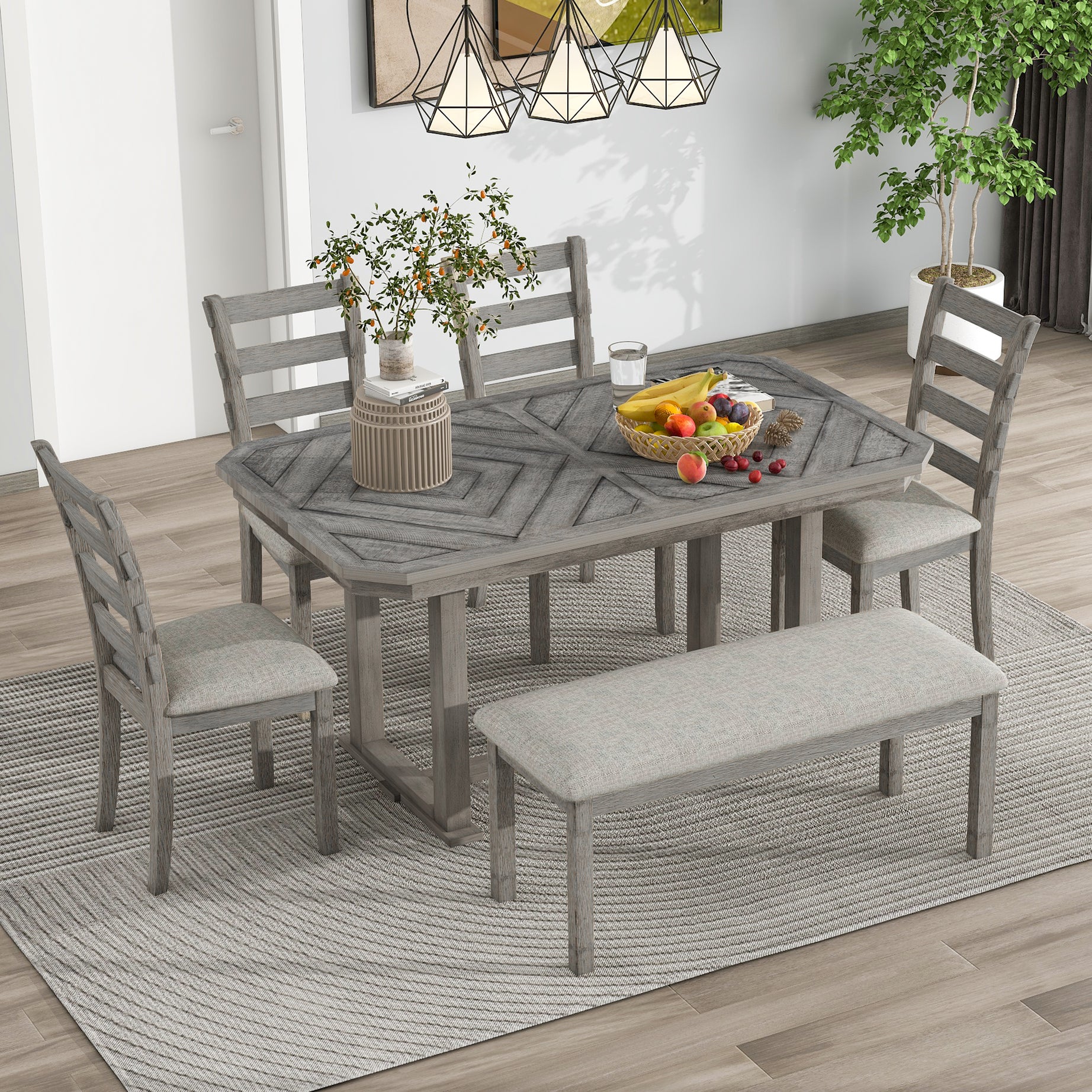 TREXM 6-Piece Rubber Wood Dining Table Set with Beautiful Wood Grain Pattern Tabletop Solid Wood Veneer and Soft Cushion (Gray)--1