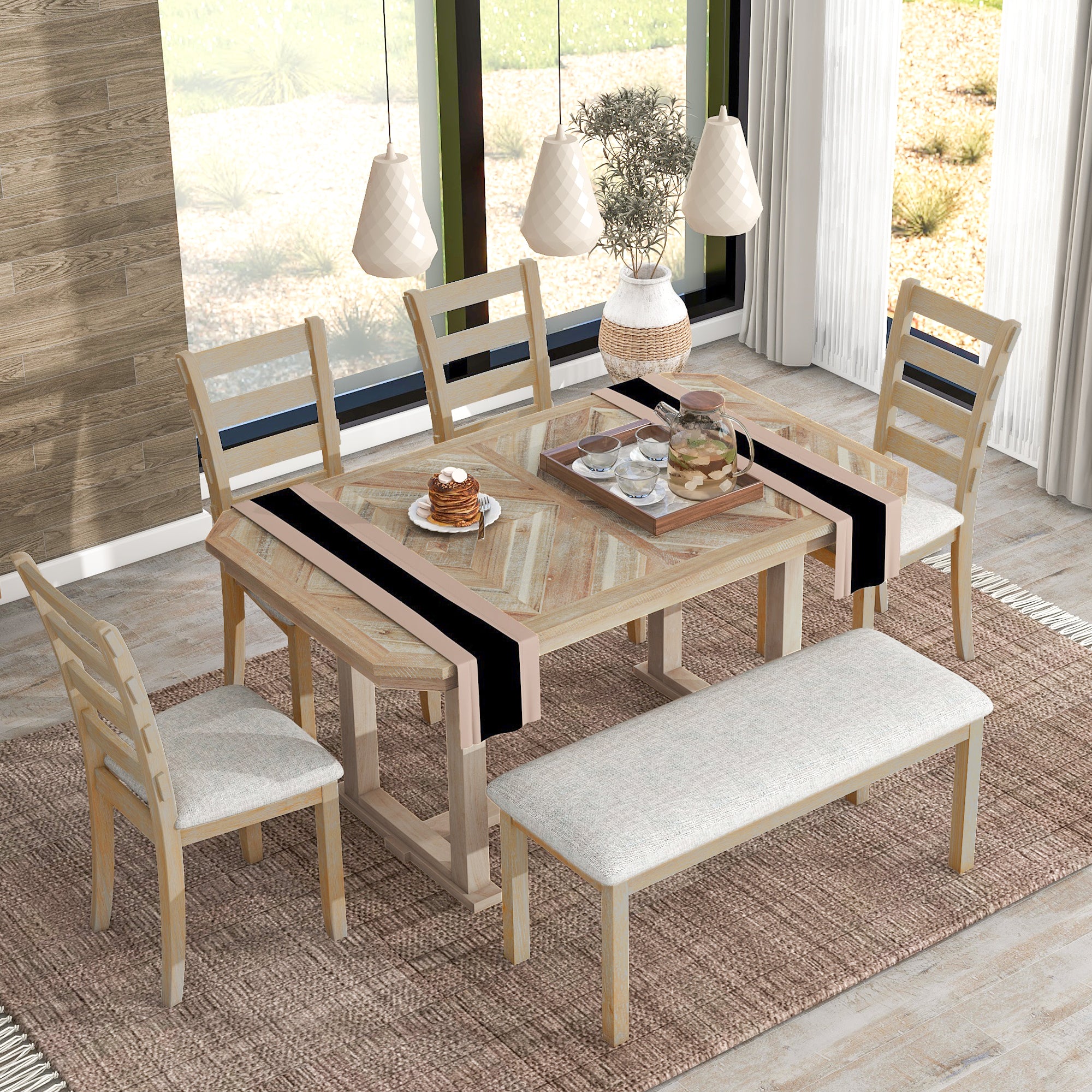 TREXM 6-Piece Rubber Wood Dining Table Set with Beautiful Wood Grain Pattern Tabletop Solid Wood Veneer and Soft Cushion (Natural Wood Wash)--1