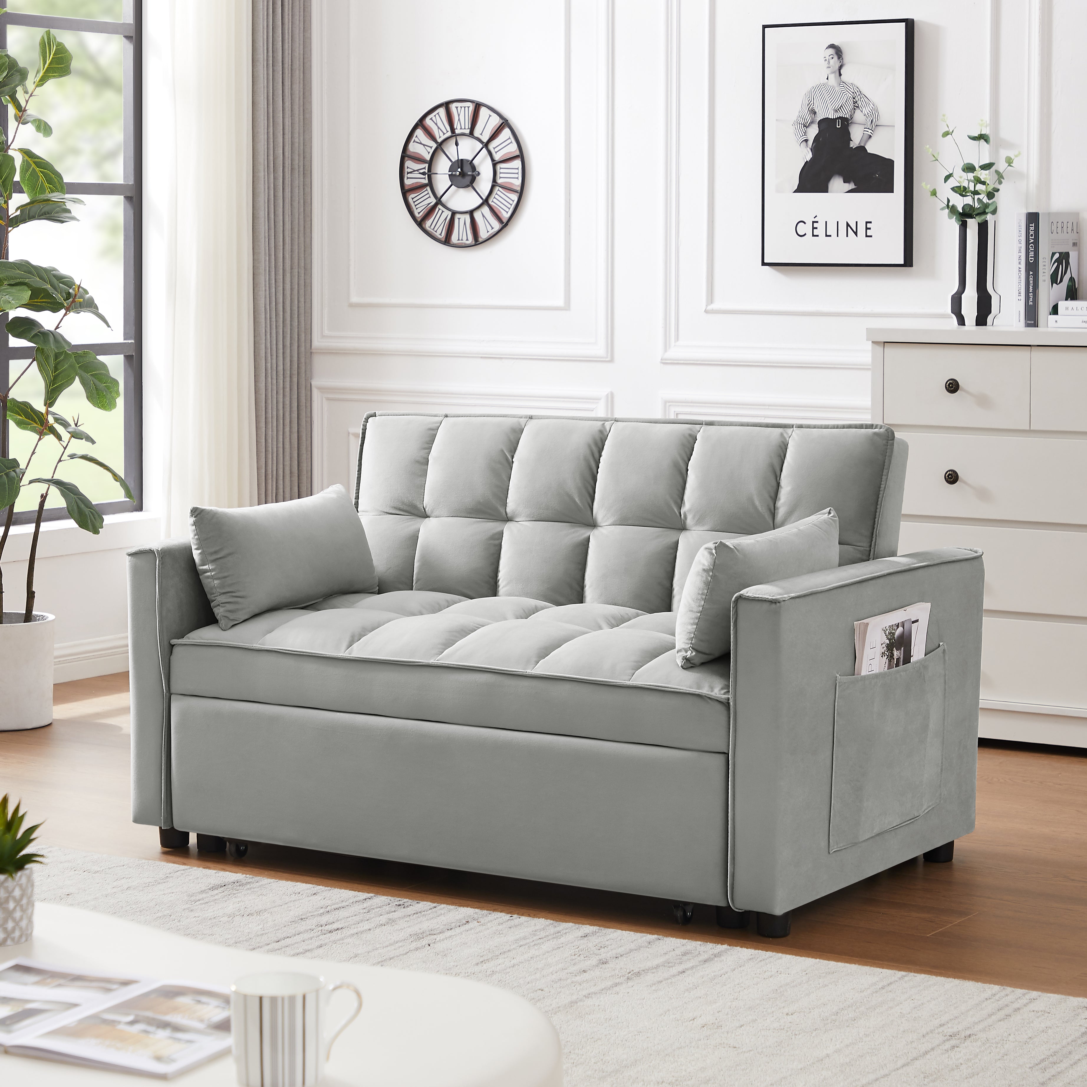 Modern Velvet Loveseat Futon Sofa Couch w/Pullout Bed,Small Love Seat Lounge Sofa w/Reclining Backrest,Toss Pillows, Pockets,Furniture for Living Room,3 in 1 Convertible Sleeper Sofa Bed, Gray--1