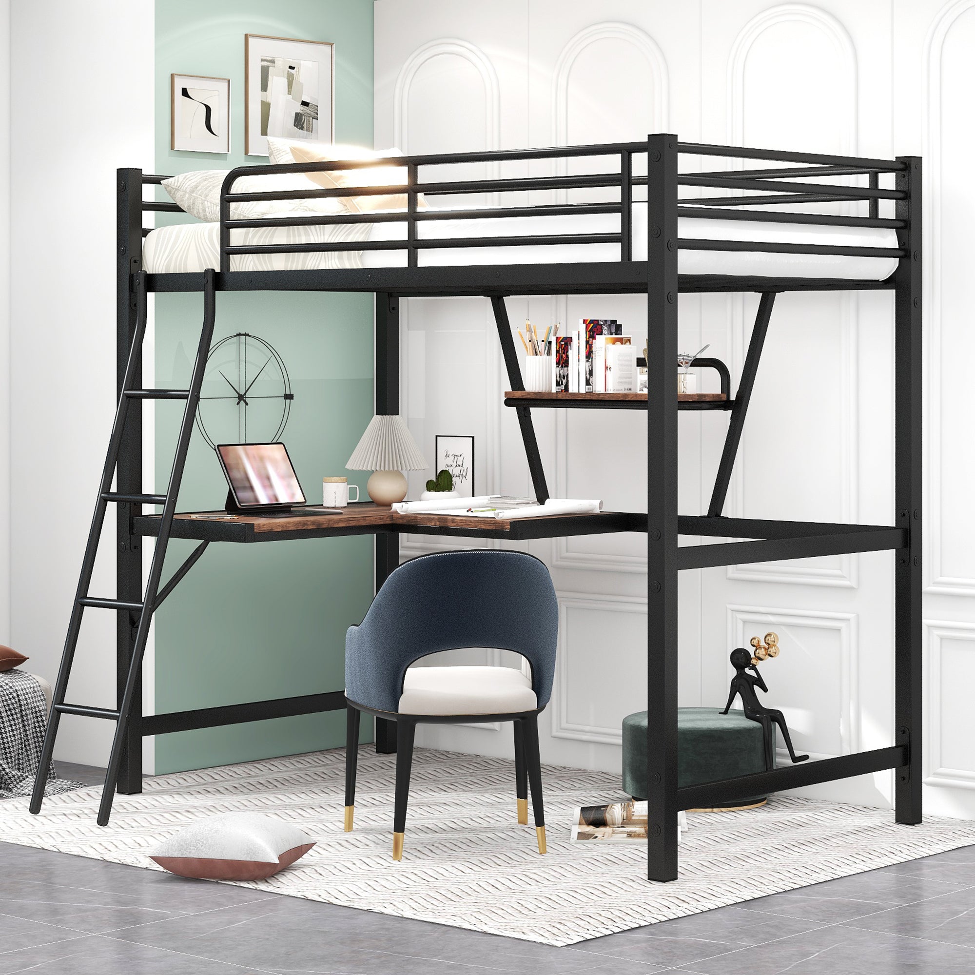 Twin Size Loft Metal&MDF Bed with Desk and Shelf, Black (Old SKU:SM001105AAB-1)--1